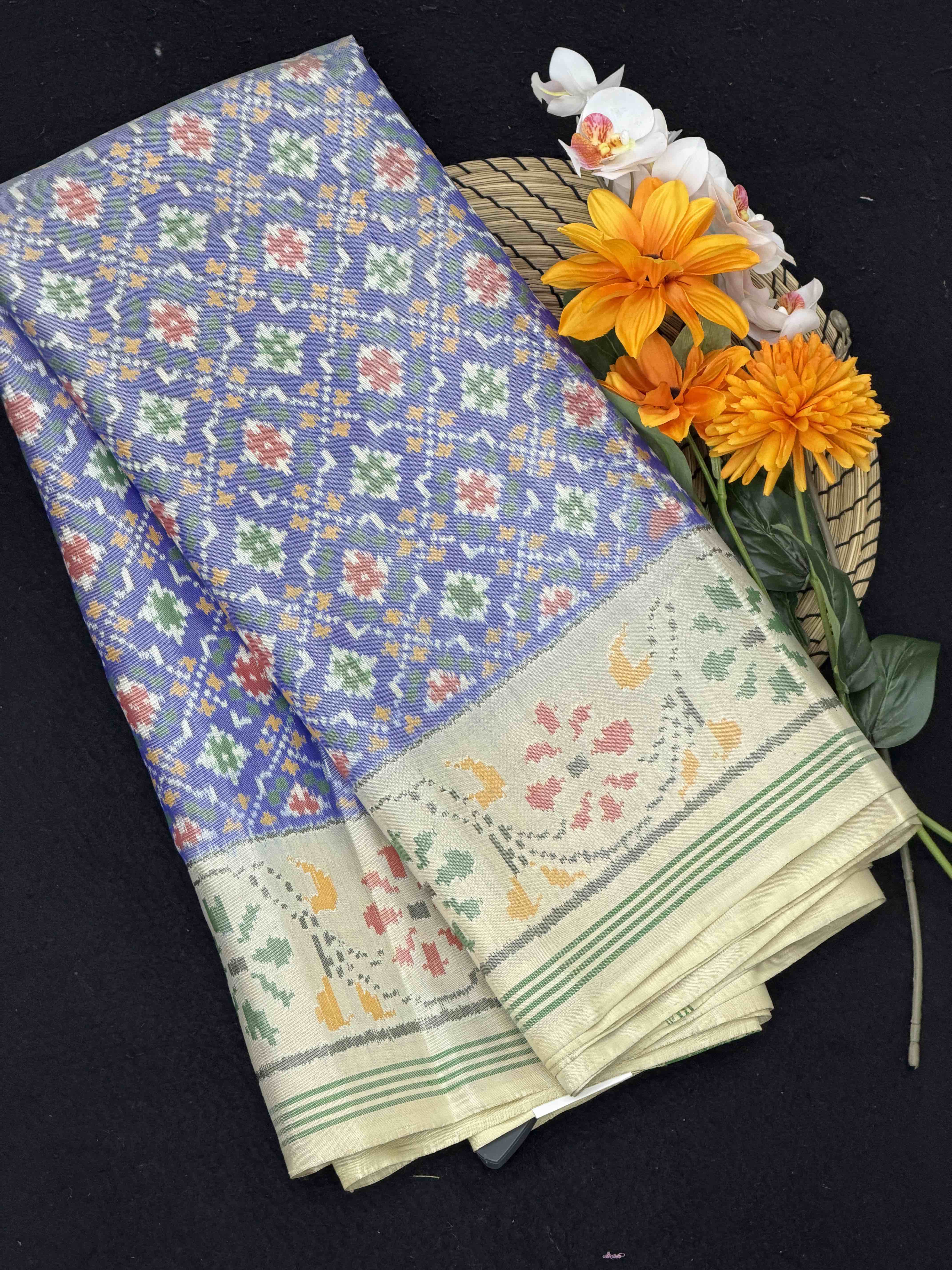 Off white & Light blue Button ful design Single ikat Patola Sarees