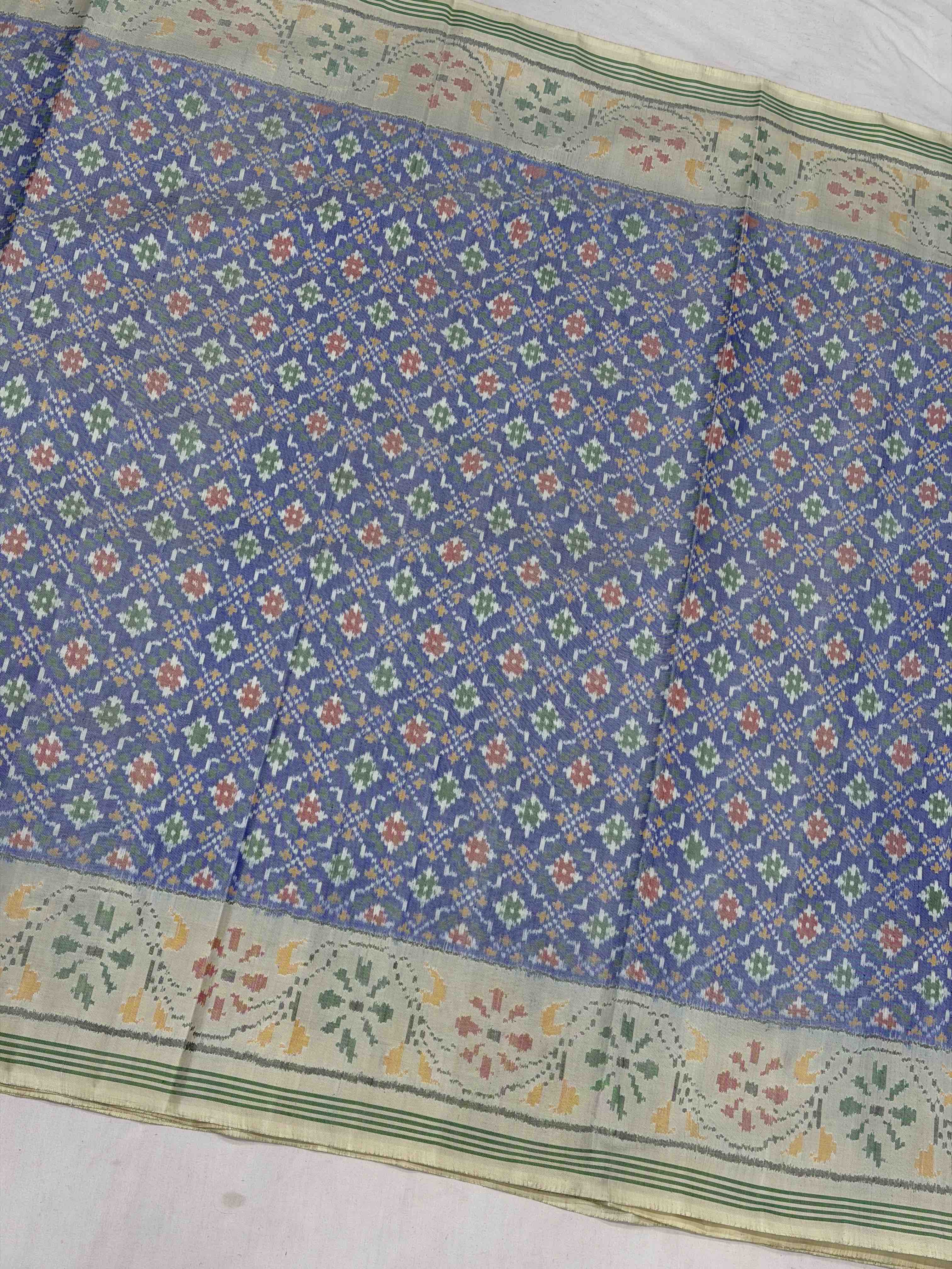 Off white & Light blue Button ful design Single ikat Patola Sarees