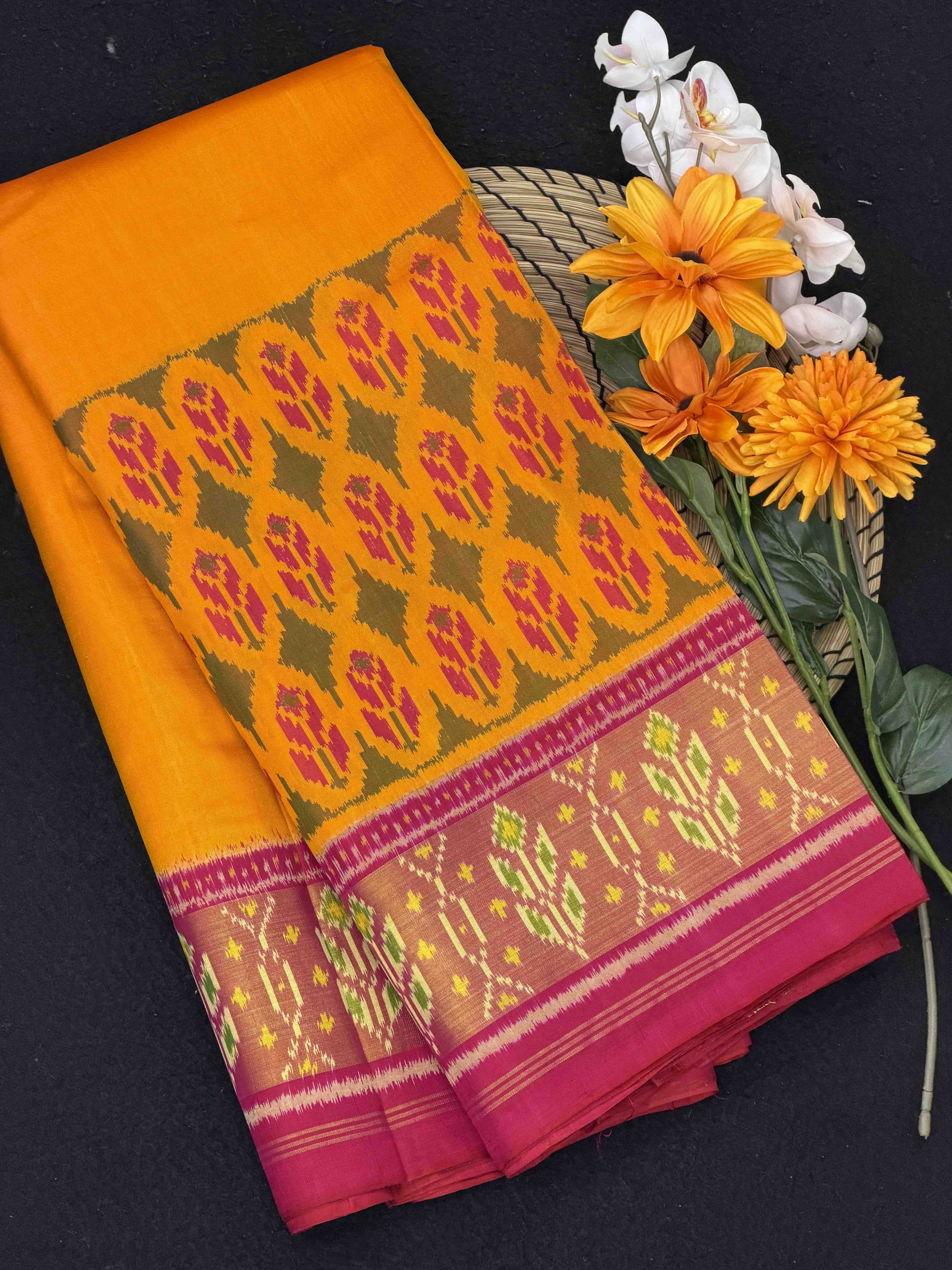 Pink & musterd skirt border Rajkoti Patola Sarees