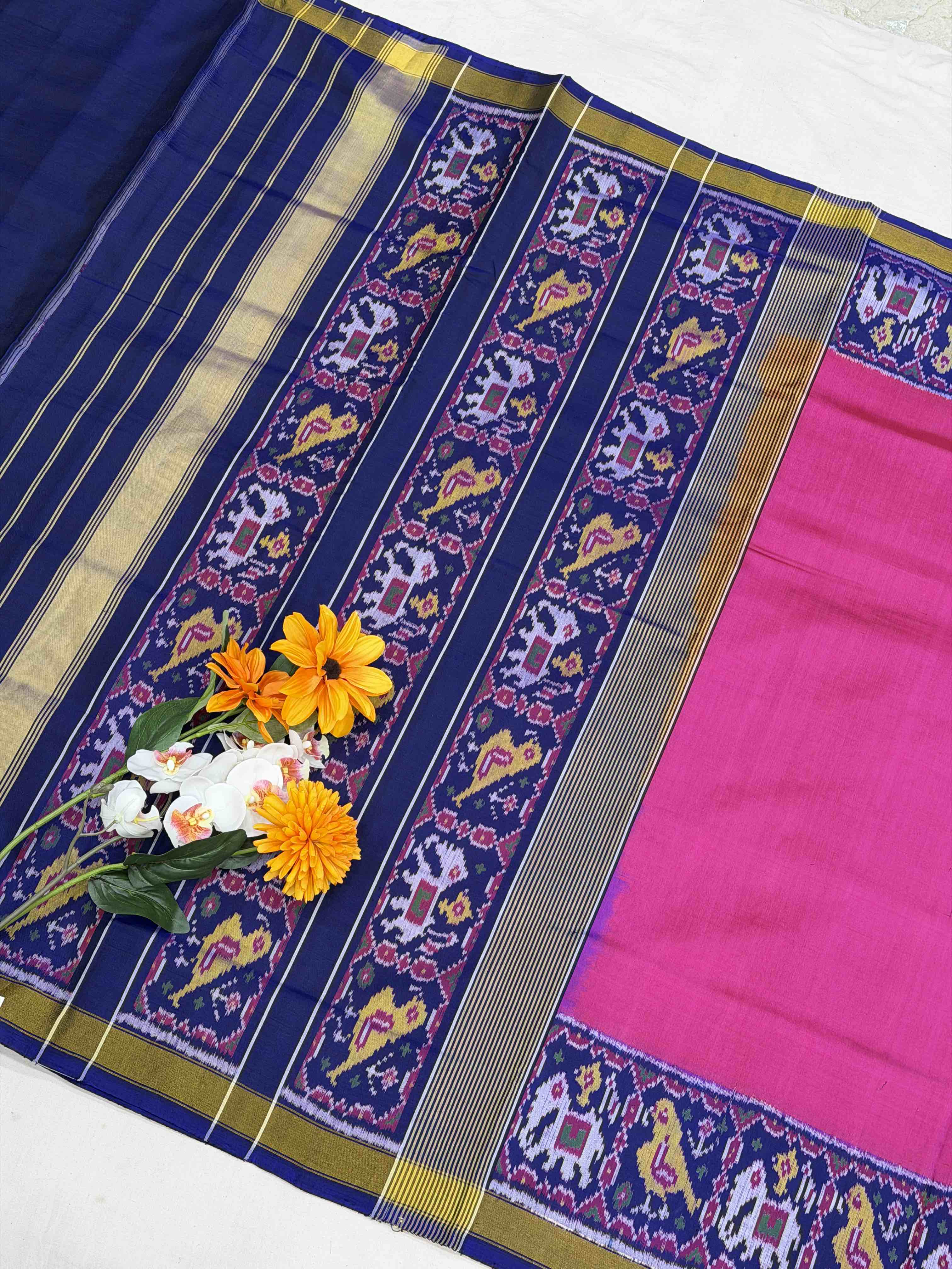 Pink & Blue Plain Rajkot Patola Saree