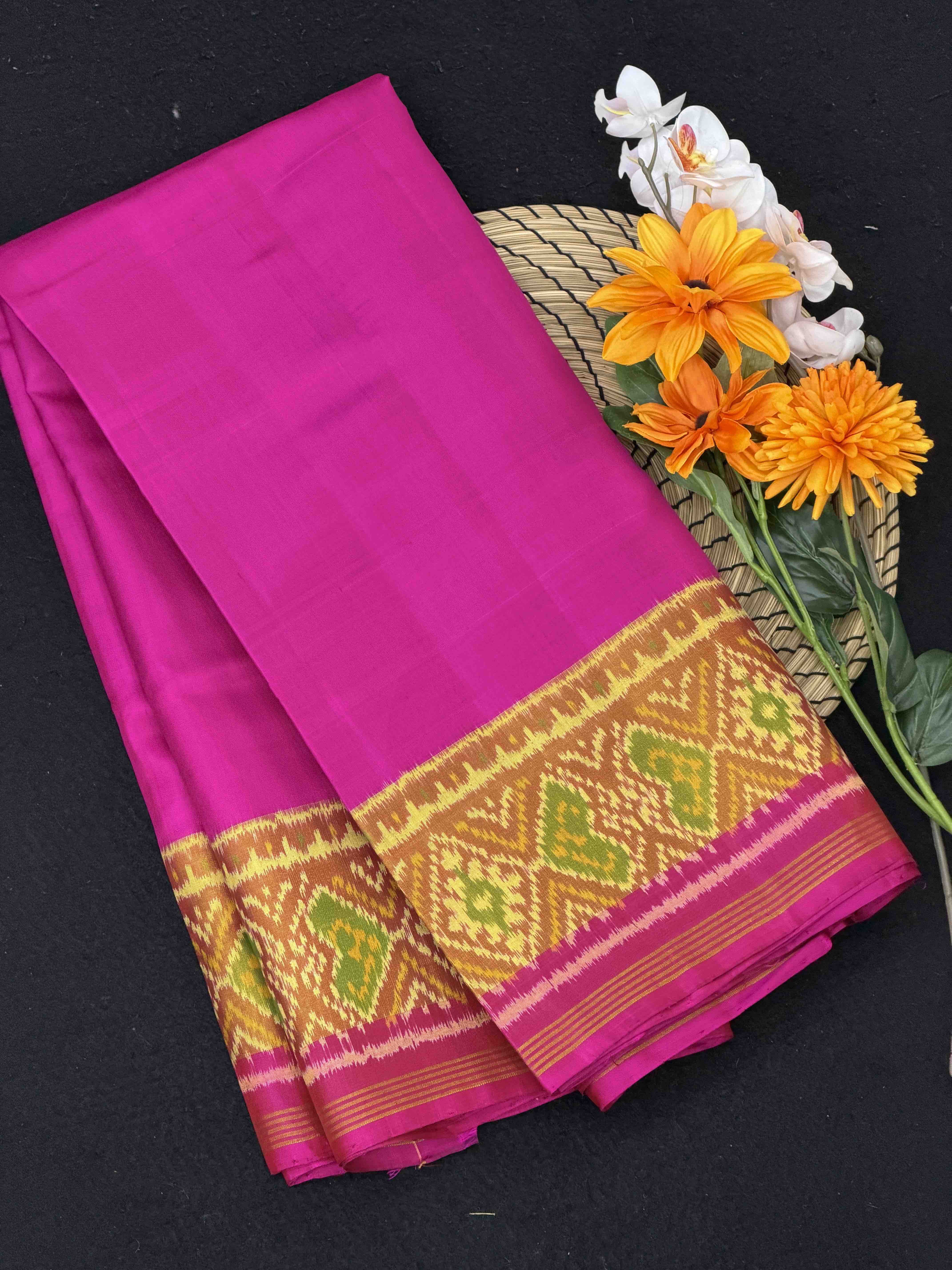 Pink tissue Border Plain Rajkoti Patola Saree