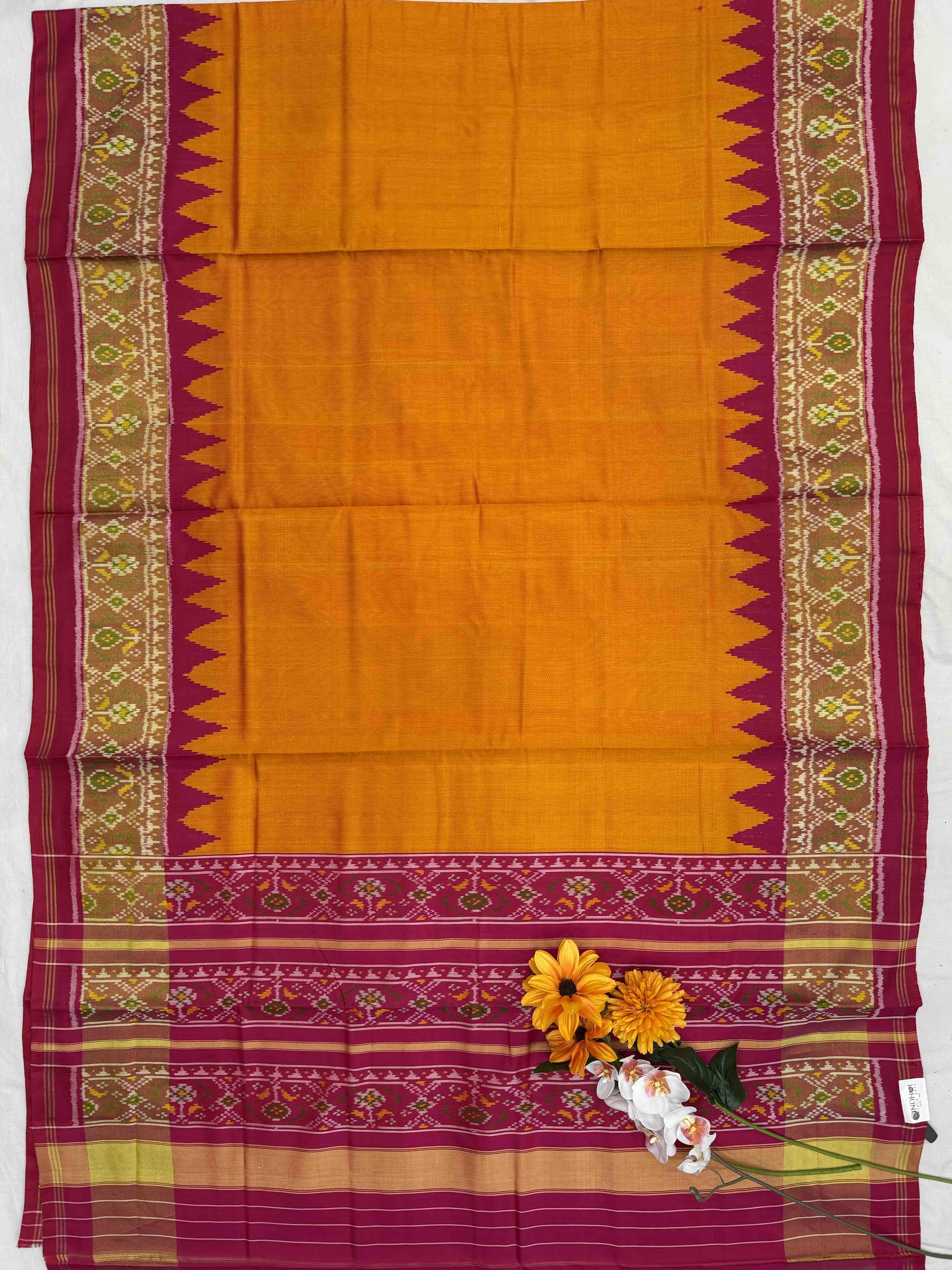 Musterd & Pink plain Rajkoti Patola Saree
