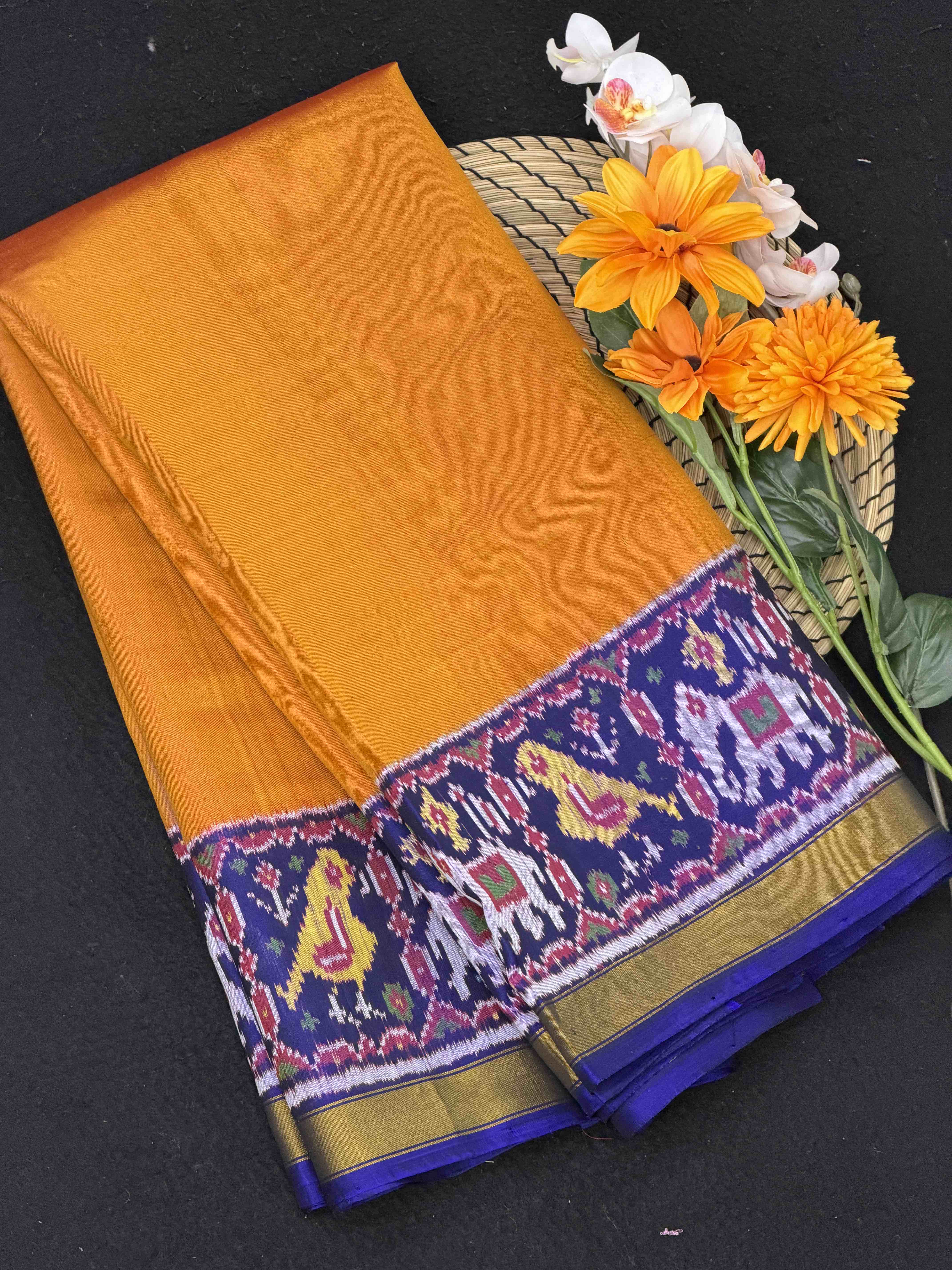 Blue & Rust plain Rajkoti Patola Saree