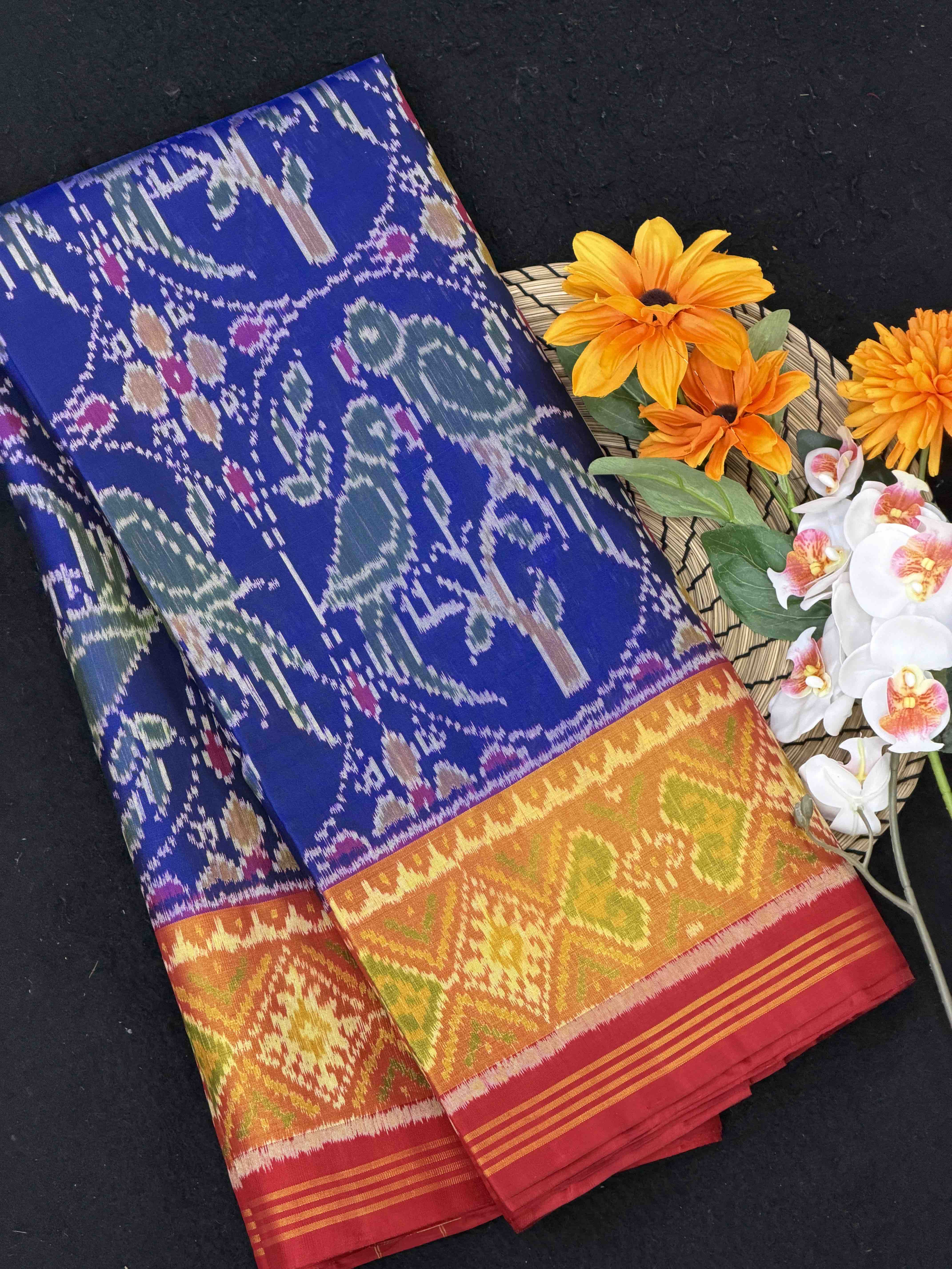 Red & Blue Parrot Design Rajkot Patola Saree