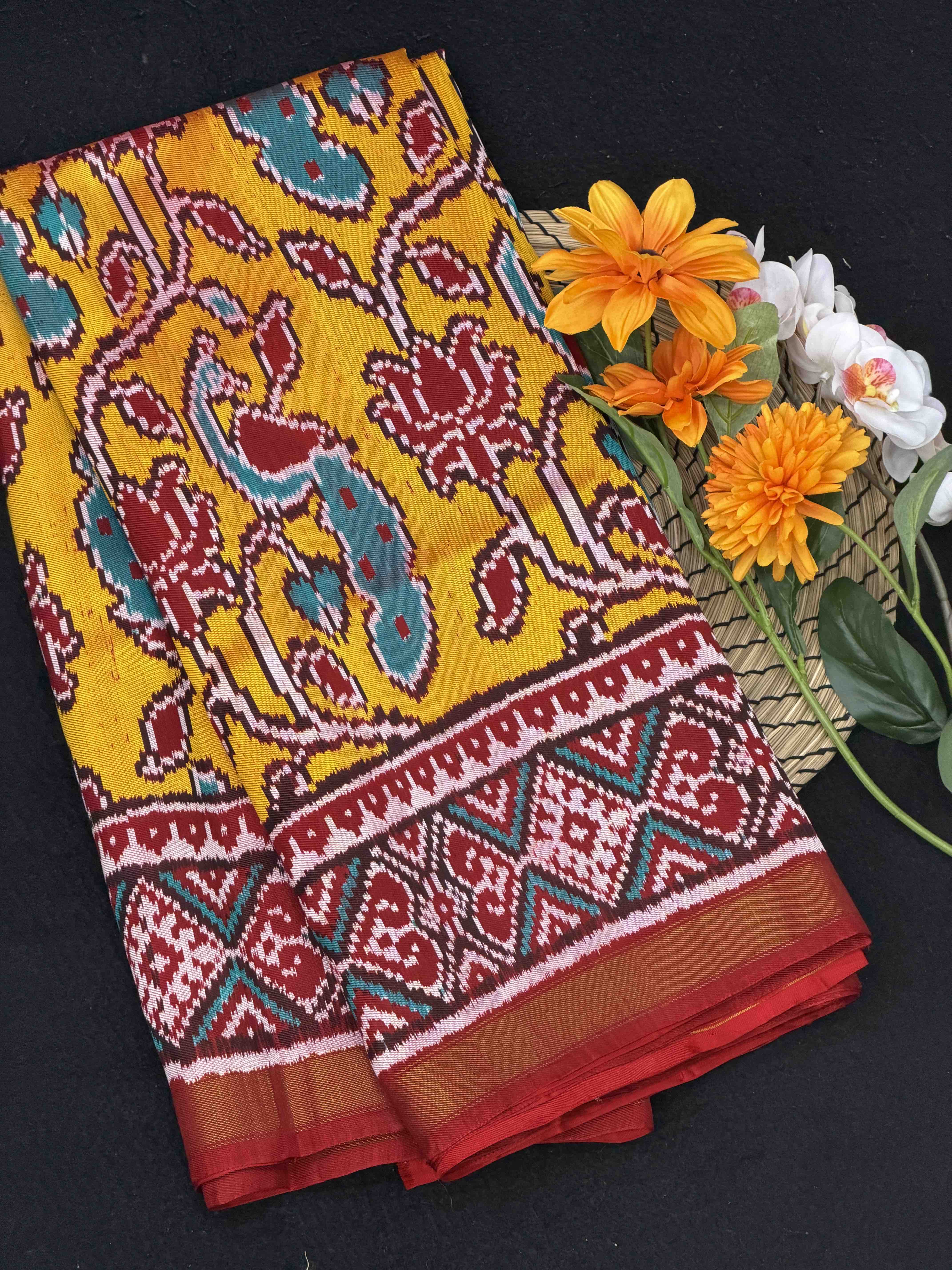 Red & Golden Yellow creeper design twill Patola Saree