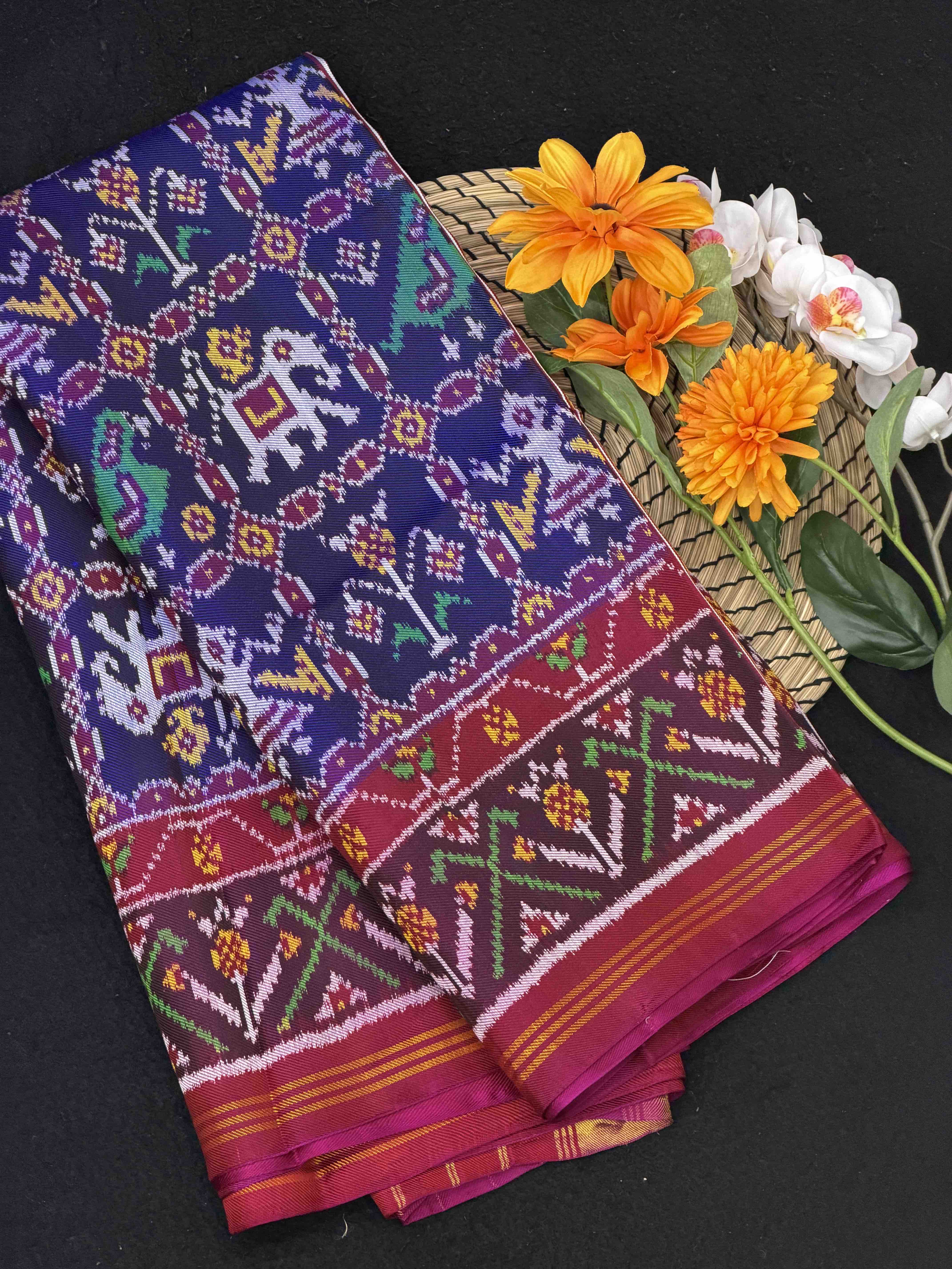 Pink & Blue narikunj sankli design twill Patola saree