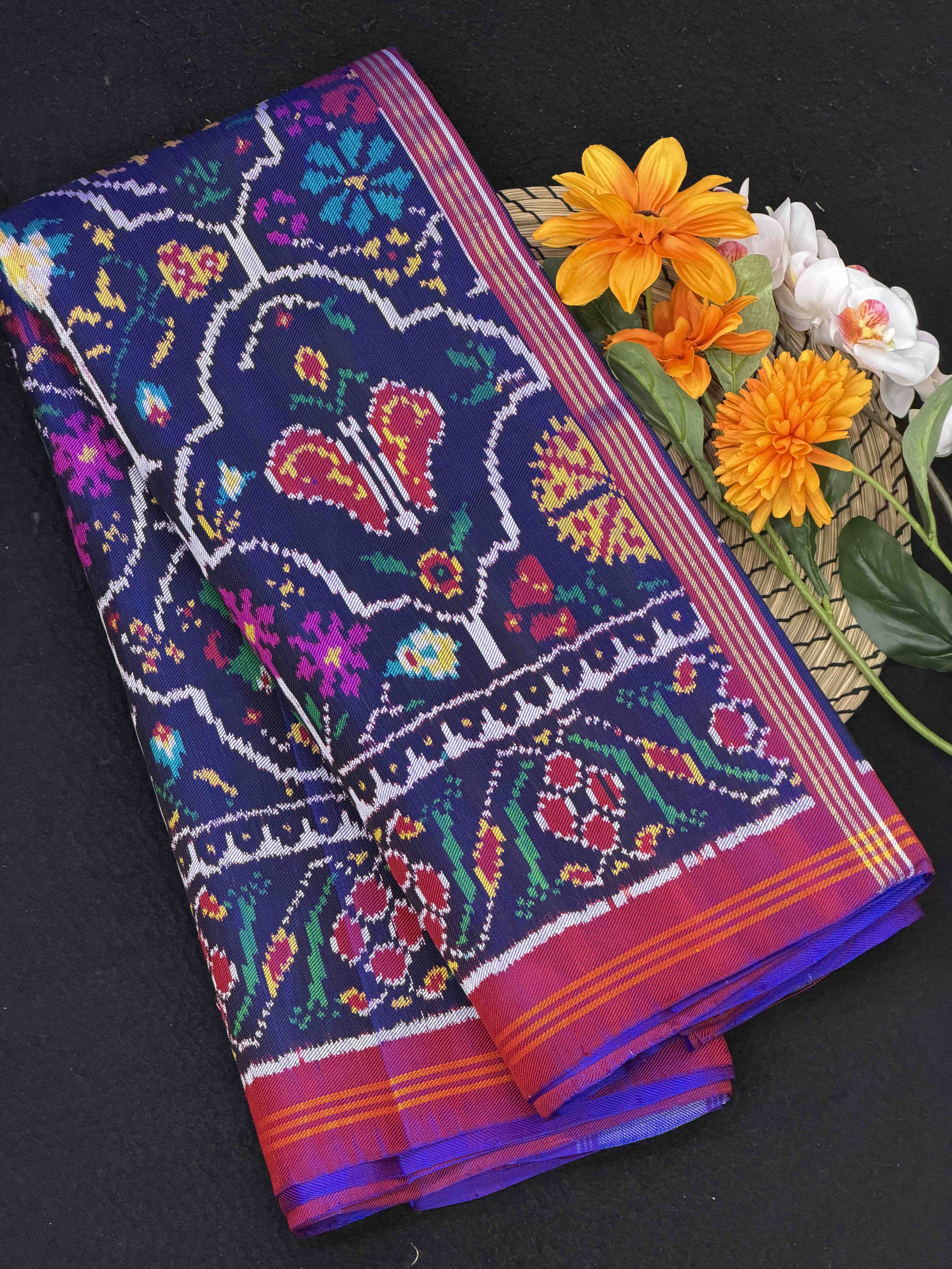 Blue and Magenta pink twill Patola Saree woven with figure motifs