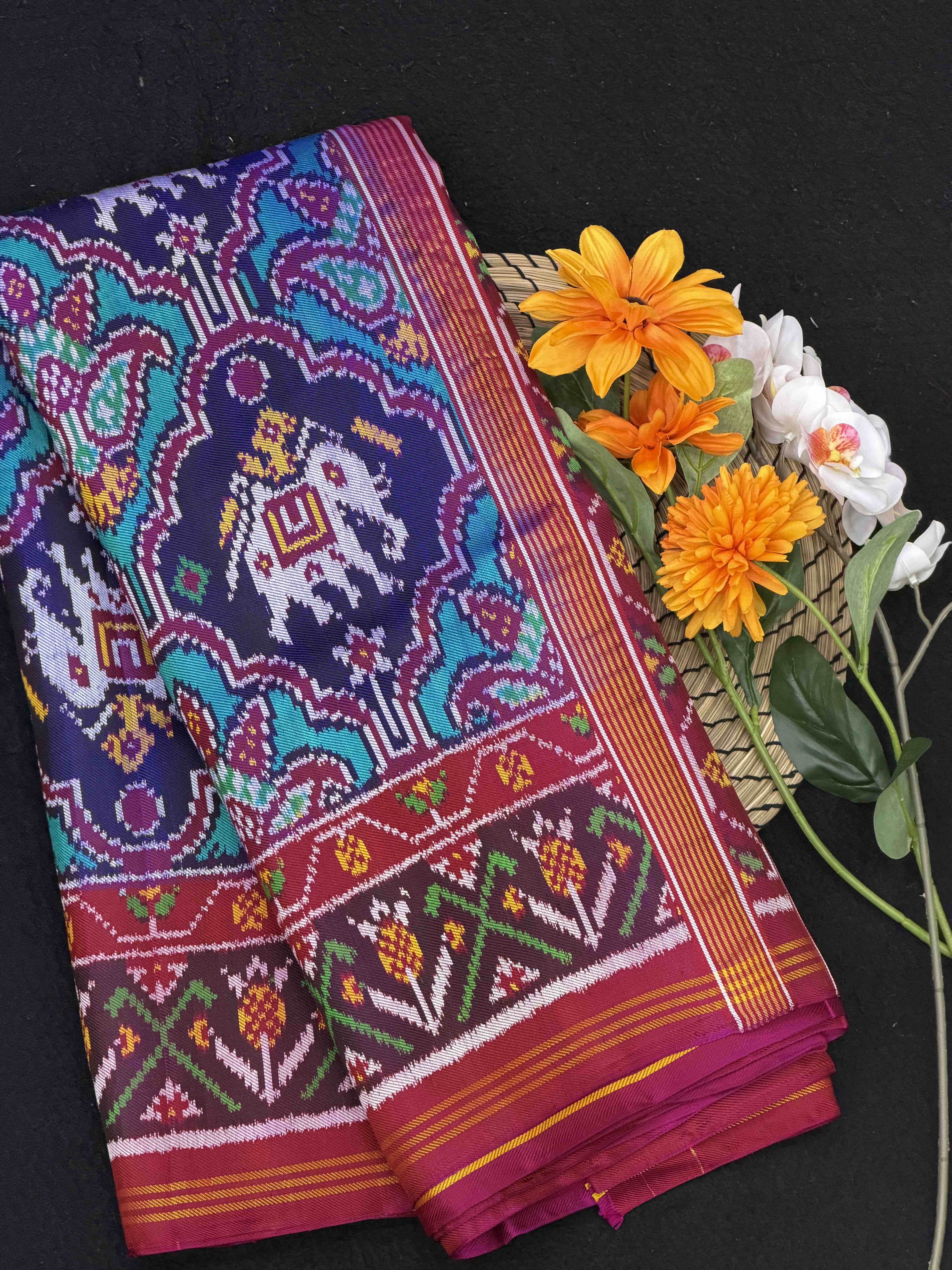 Pink & Blue Figure design Twill Patola Saree