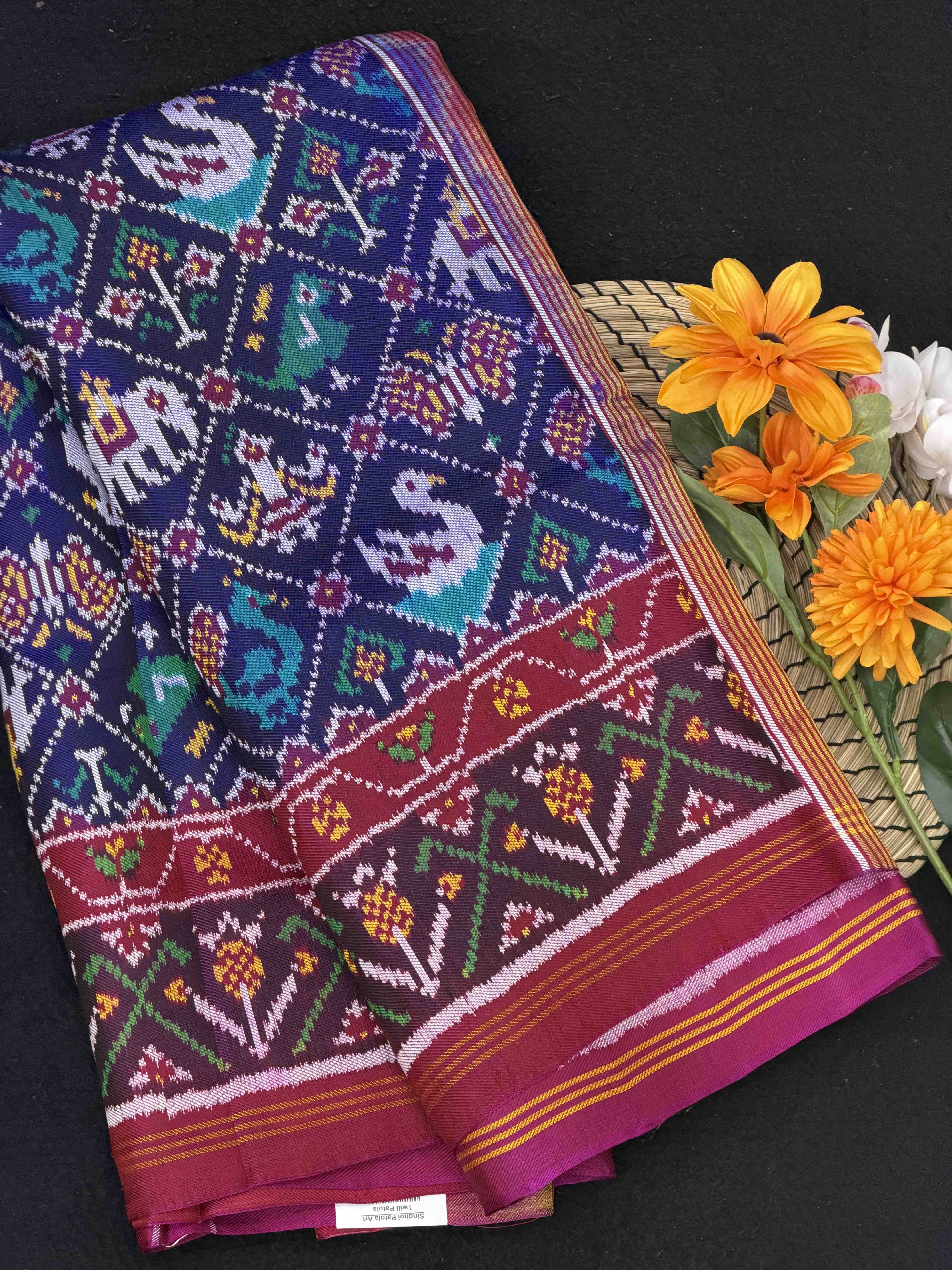 Pink & Blue Narikunjar Twill woven Patola Saree