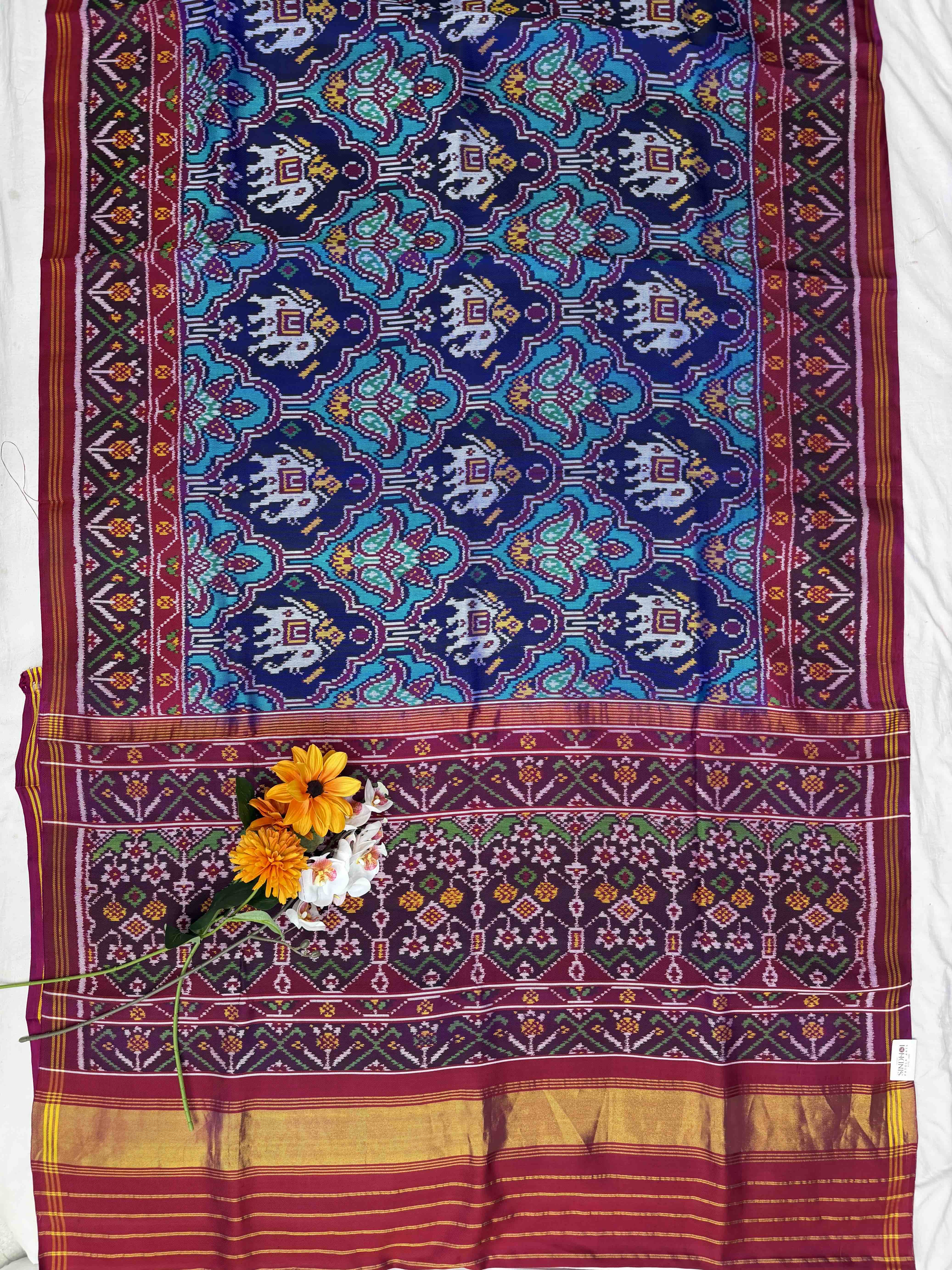 Pink & Blue Figure design Twill Patola Saree