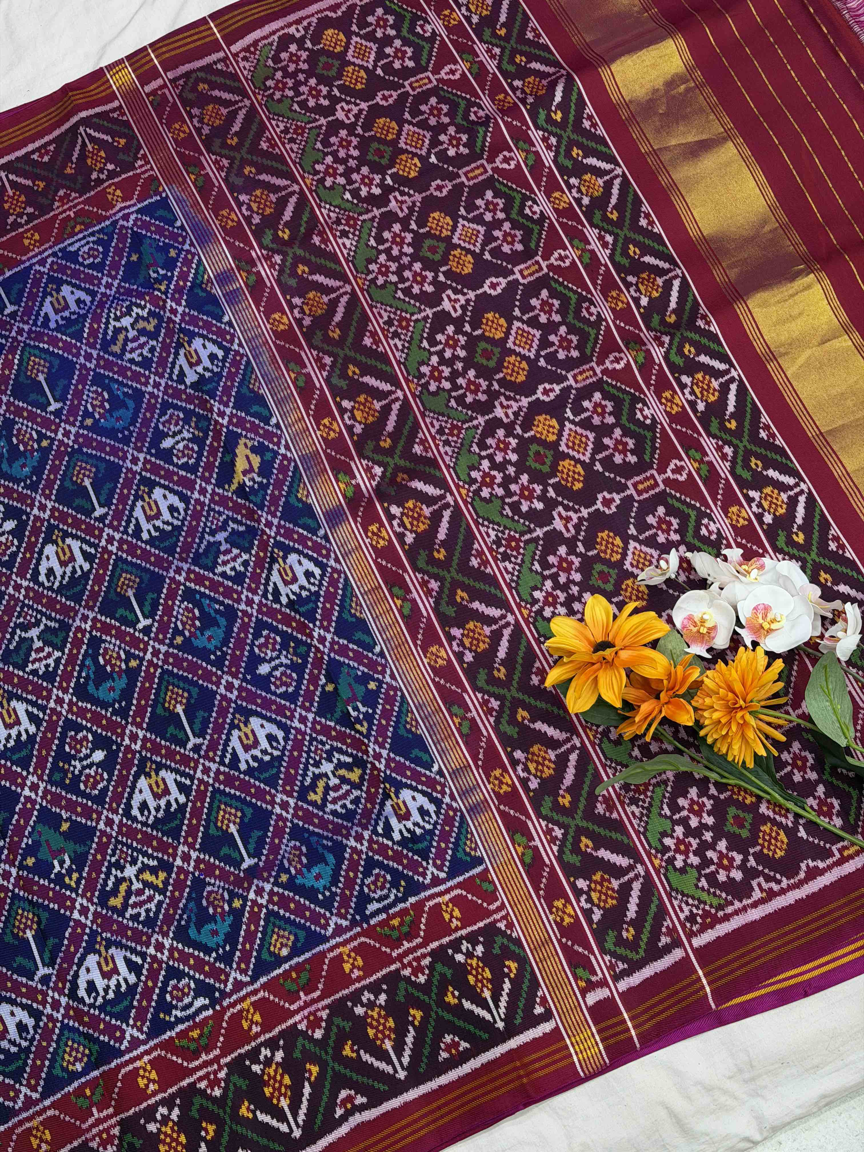 Pink & Blue small Narikunj Twill Patola Saree