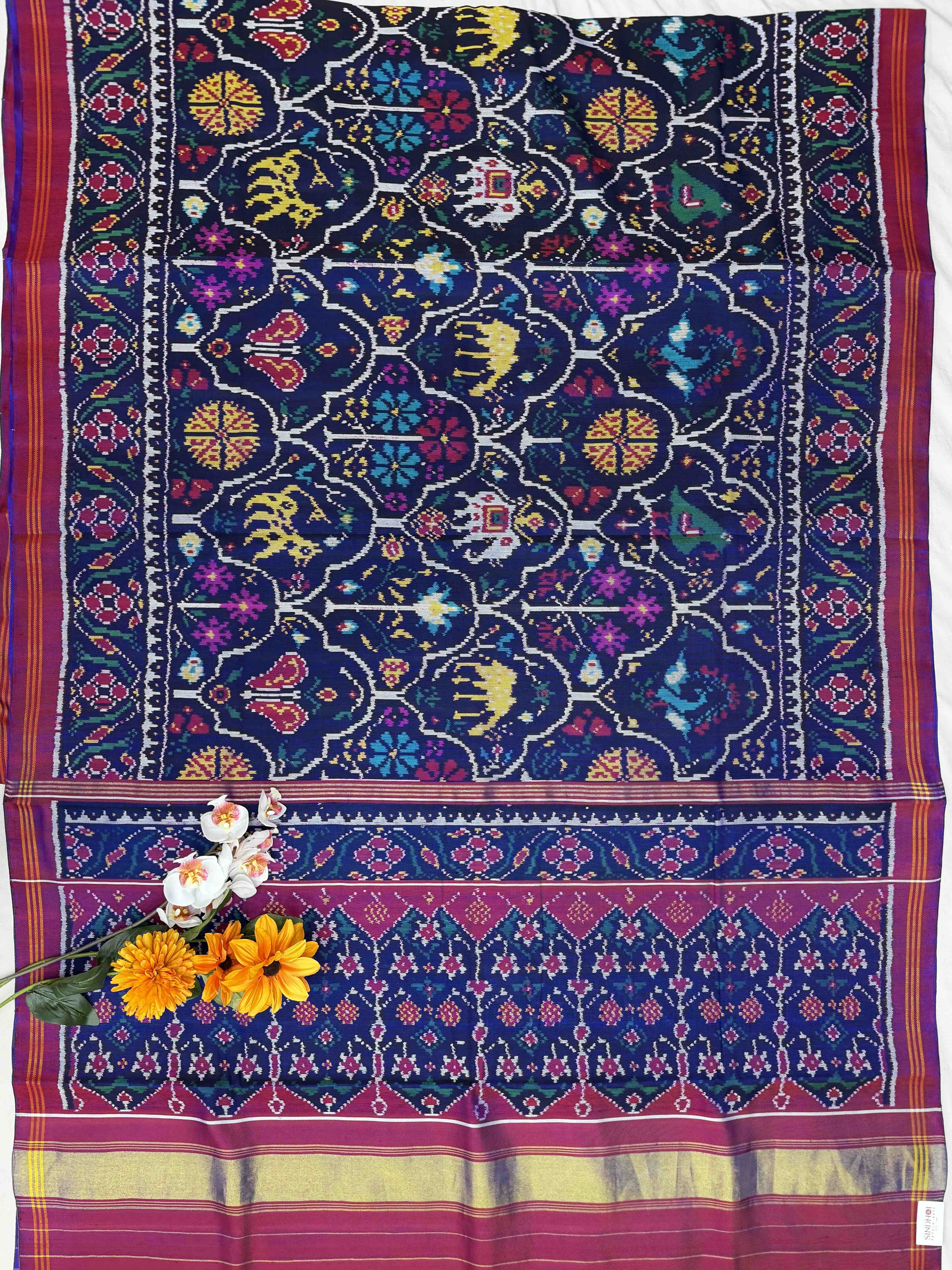 Blue and Magenta pink twill Patola Saree woven with figure motifs