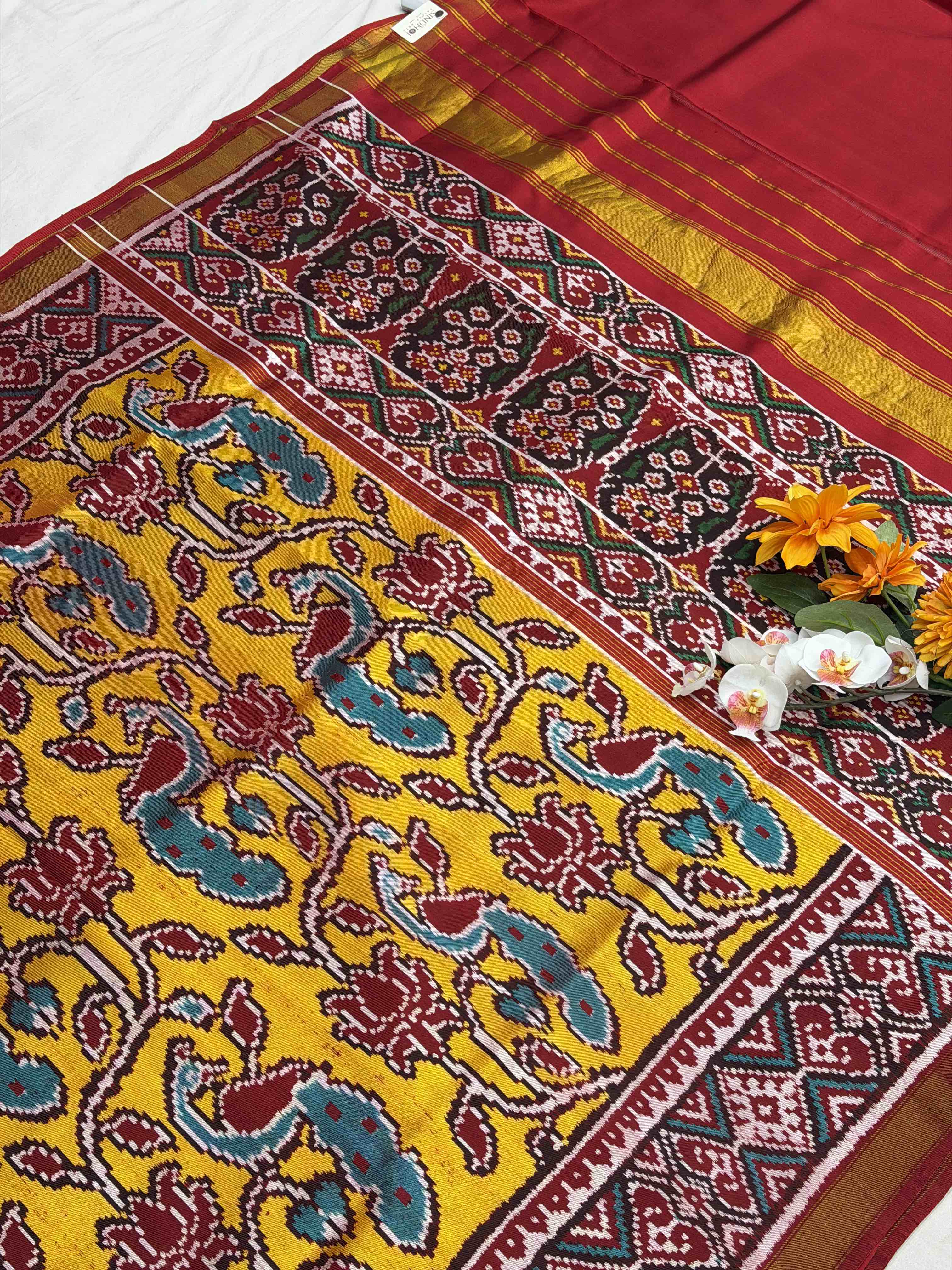 Red & Golden Yellow creeper design twill Patola Saree
