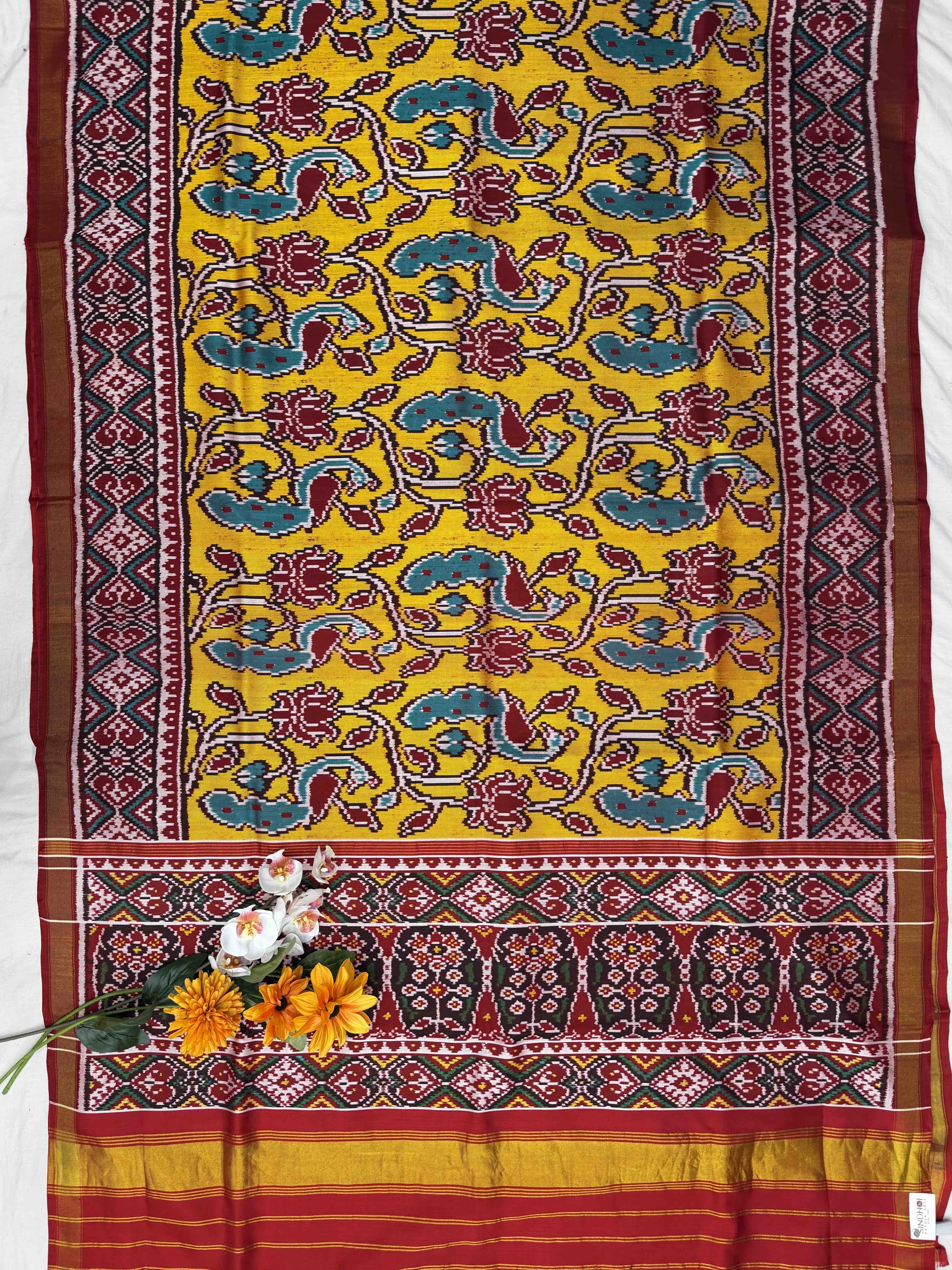 Red & Golden Yellow creeper design twill Patola Saree