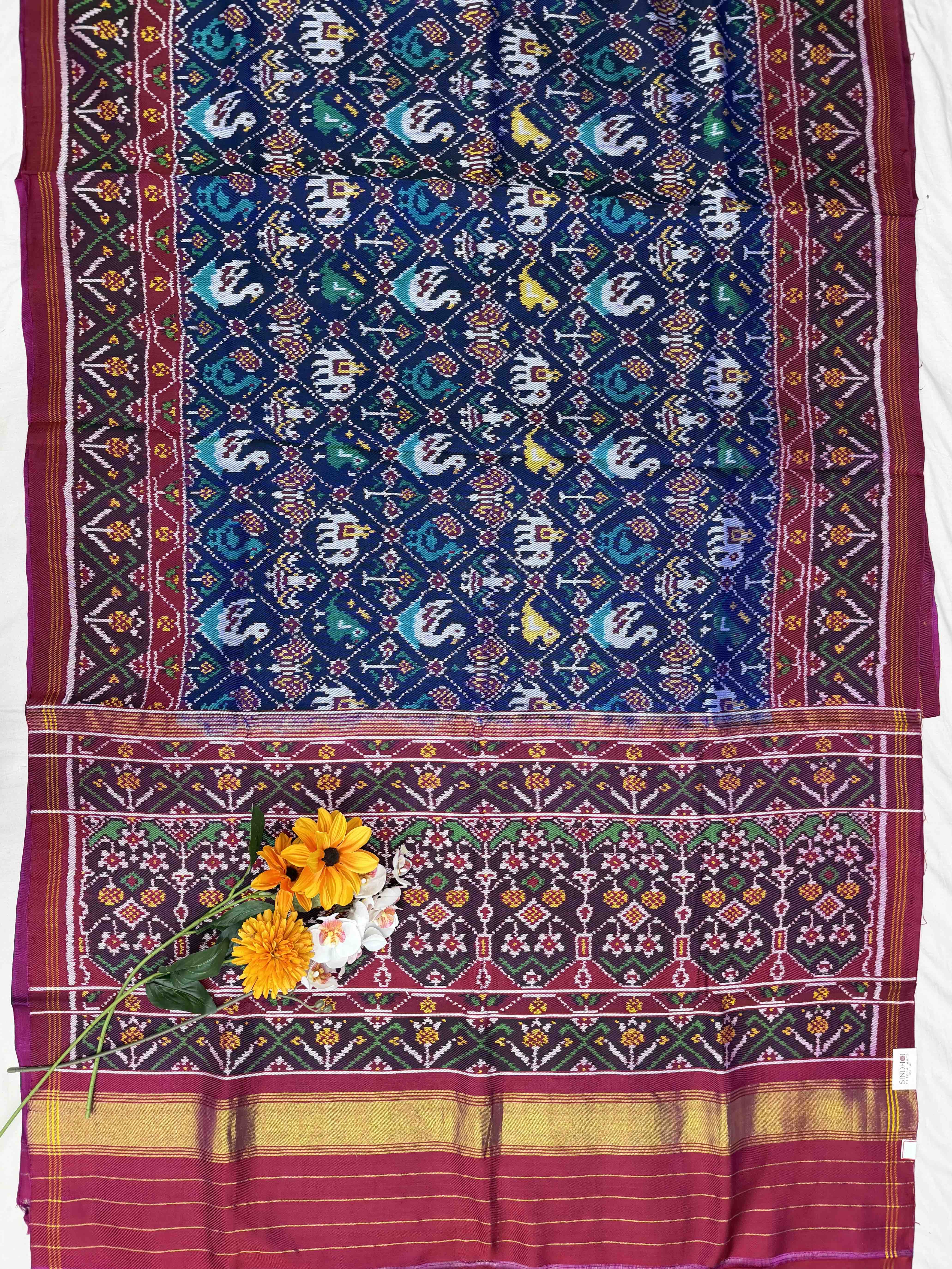 Pink & Blue Narikunjar Twill woven Patola Saree