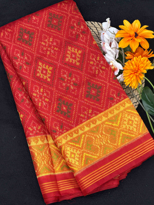 Brick Red Panchanda tissue border rajkot Patola Saree