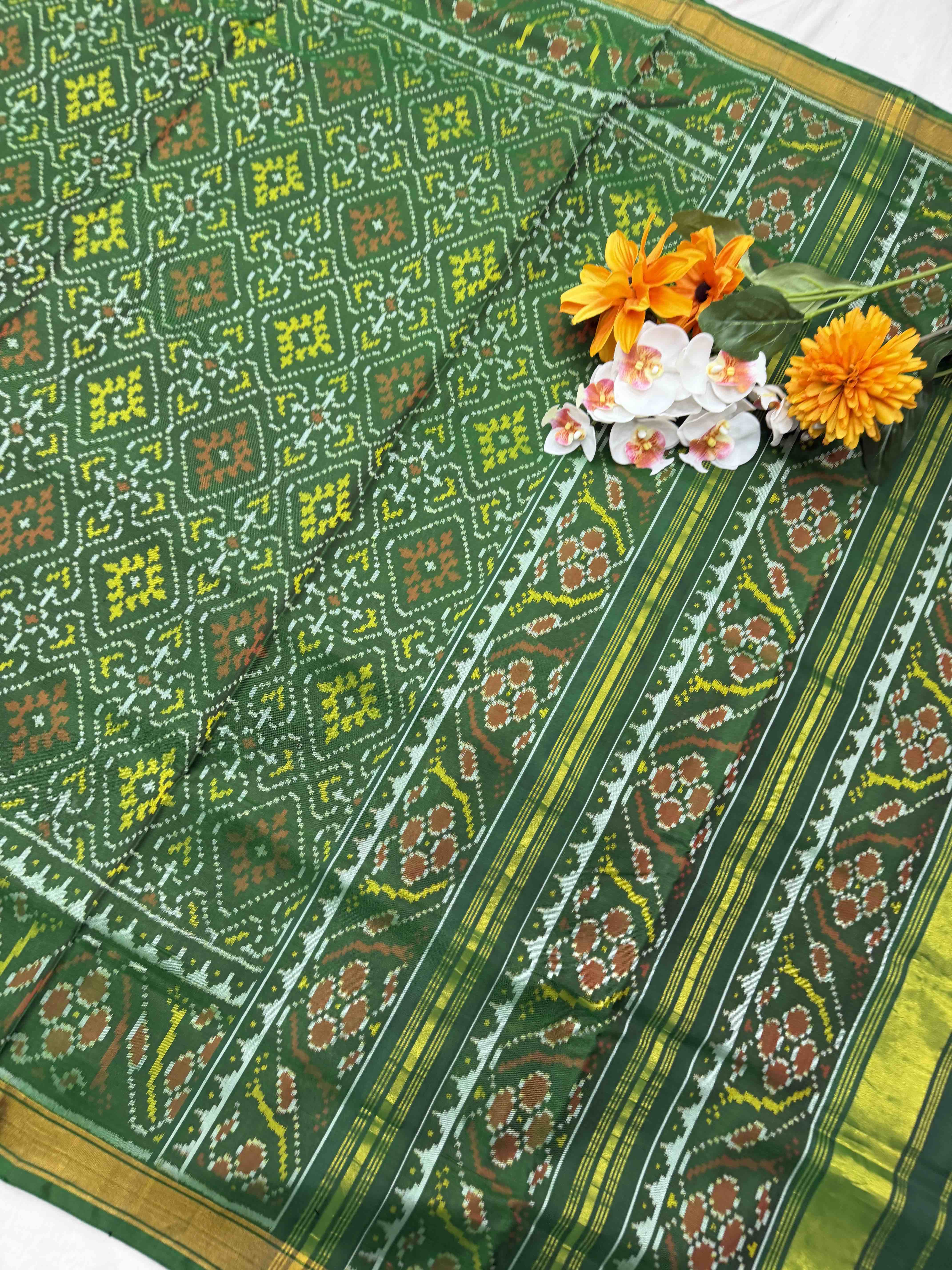 Green Panchanda small border Rajkoti Patola saree
