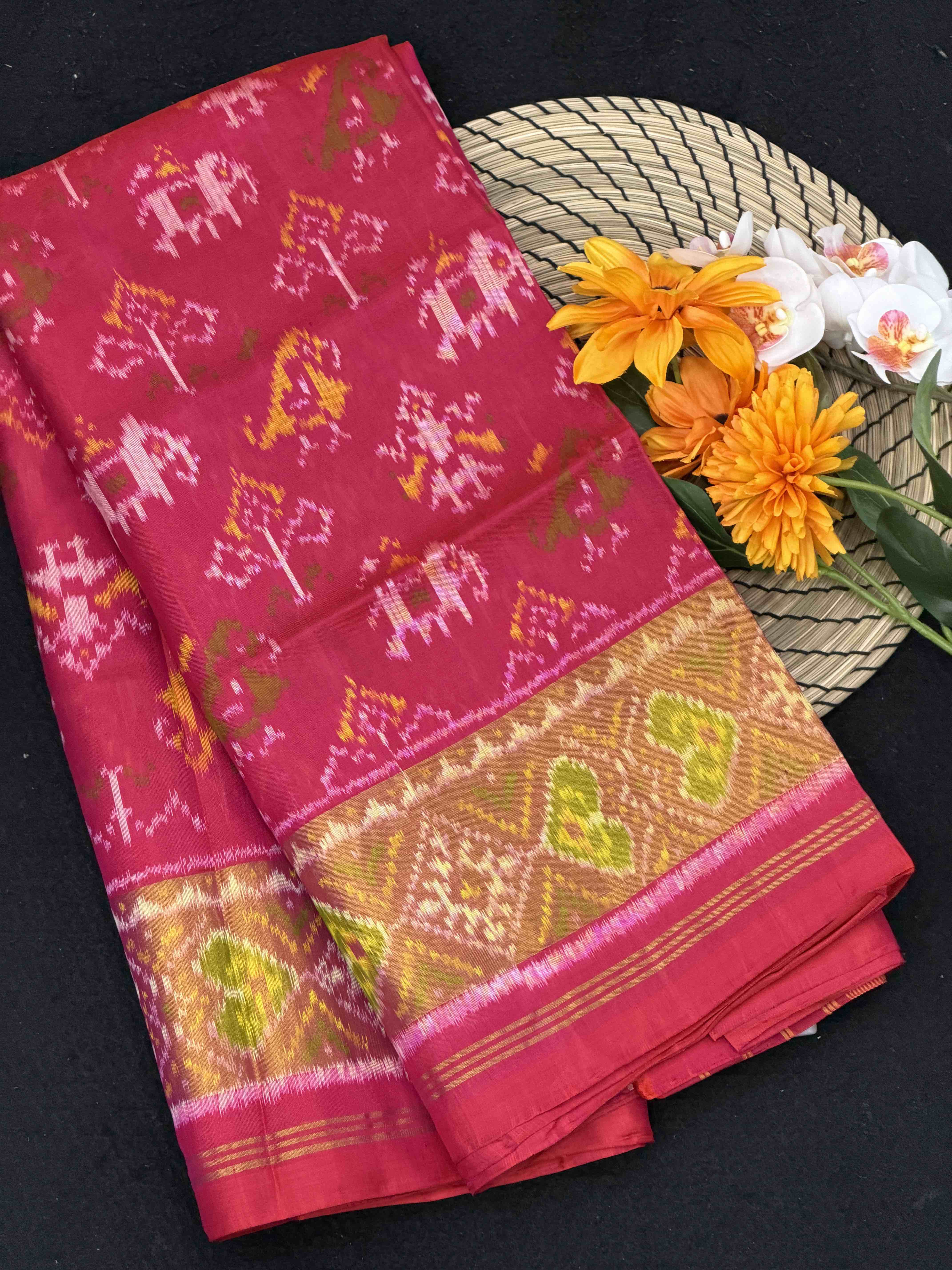 Pink Narikunjar Tissue Border Rajkoti Patola Saree