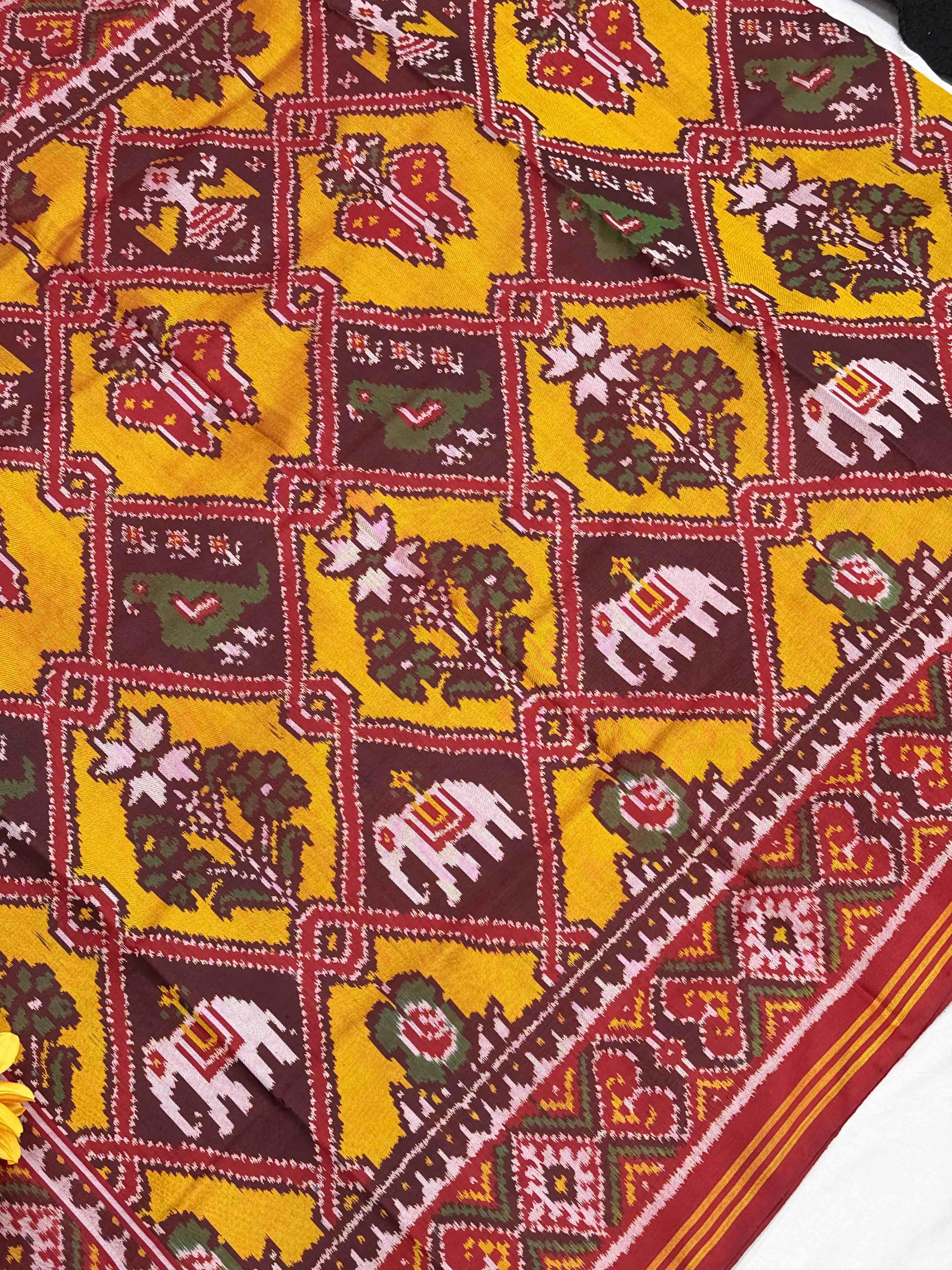 Red & Musterd big figure Single Ikat Patola Saree