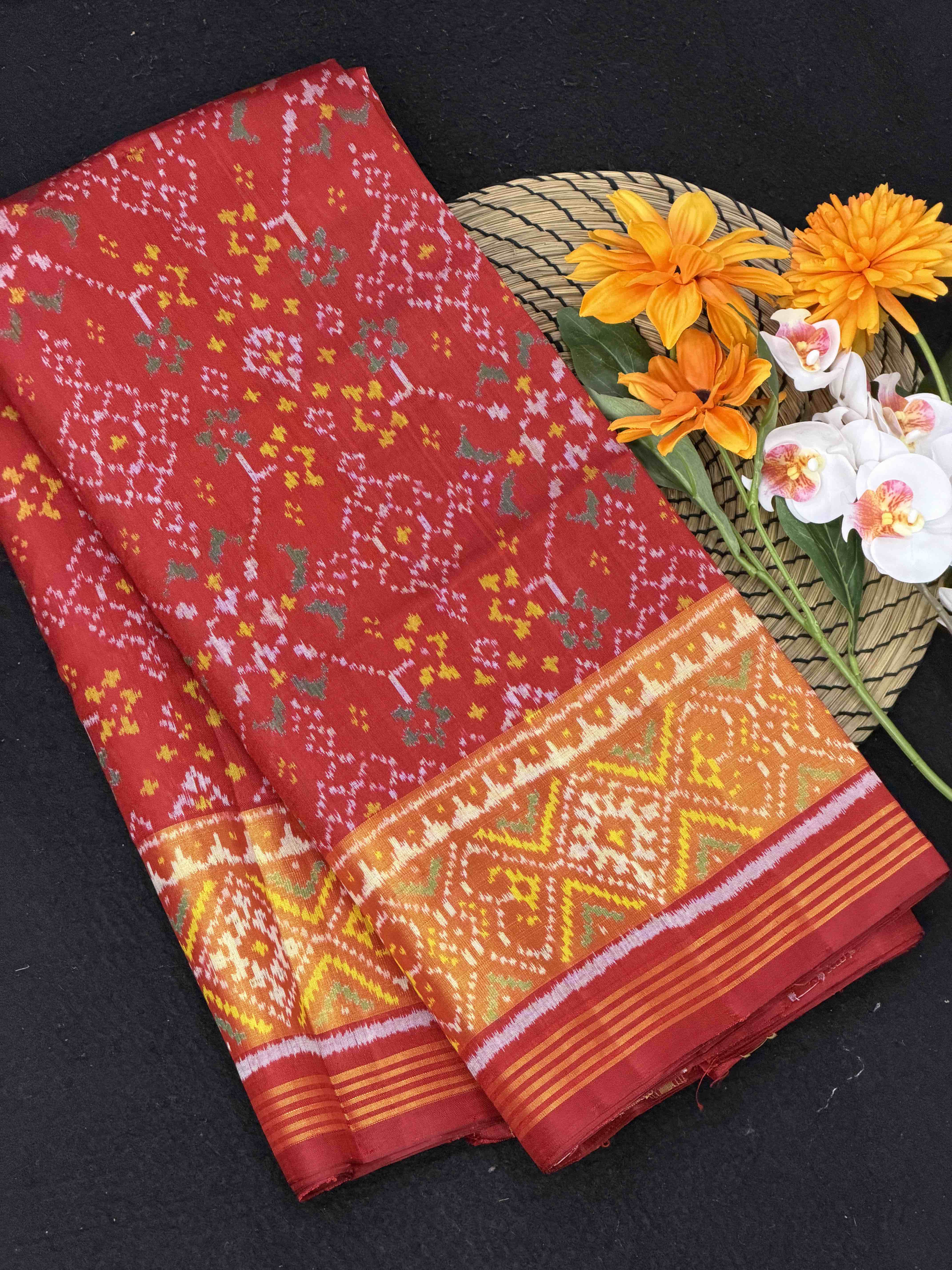 Red navaratan tissue border Patola Saree