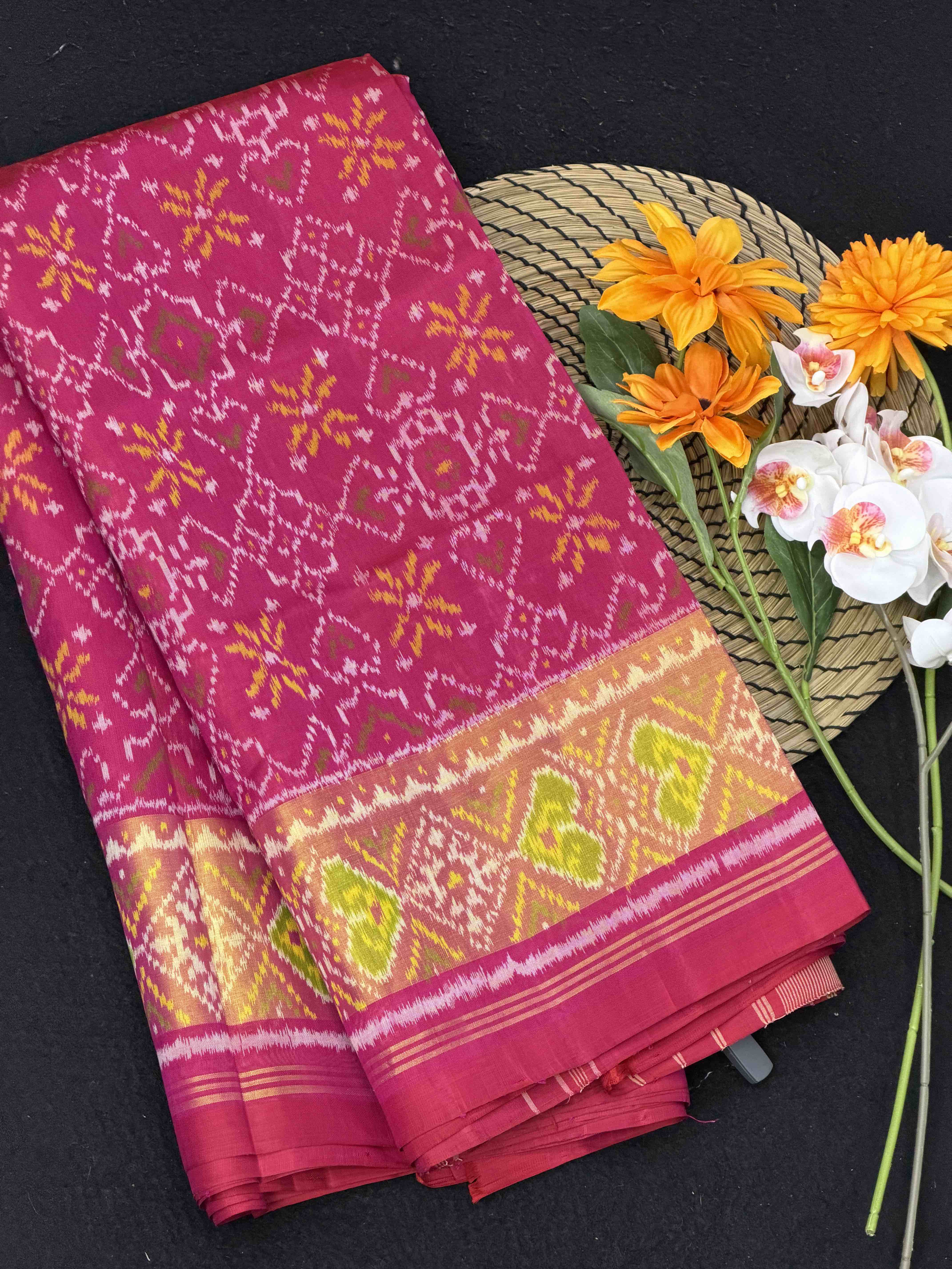 Pink Manekchawk tissue border rajkot patola saree