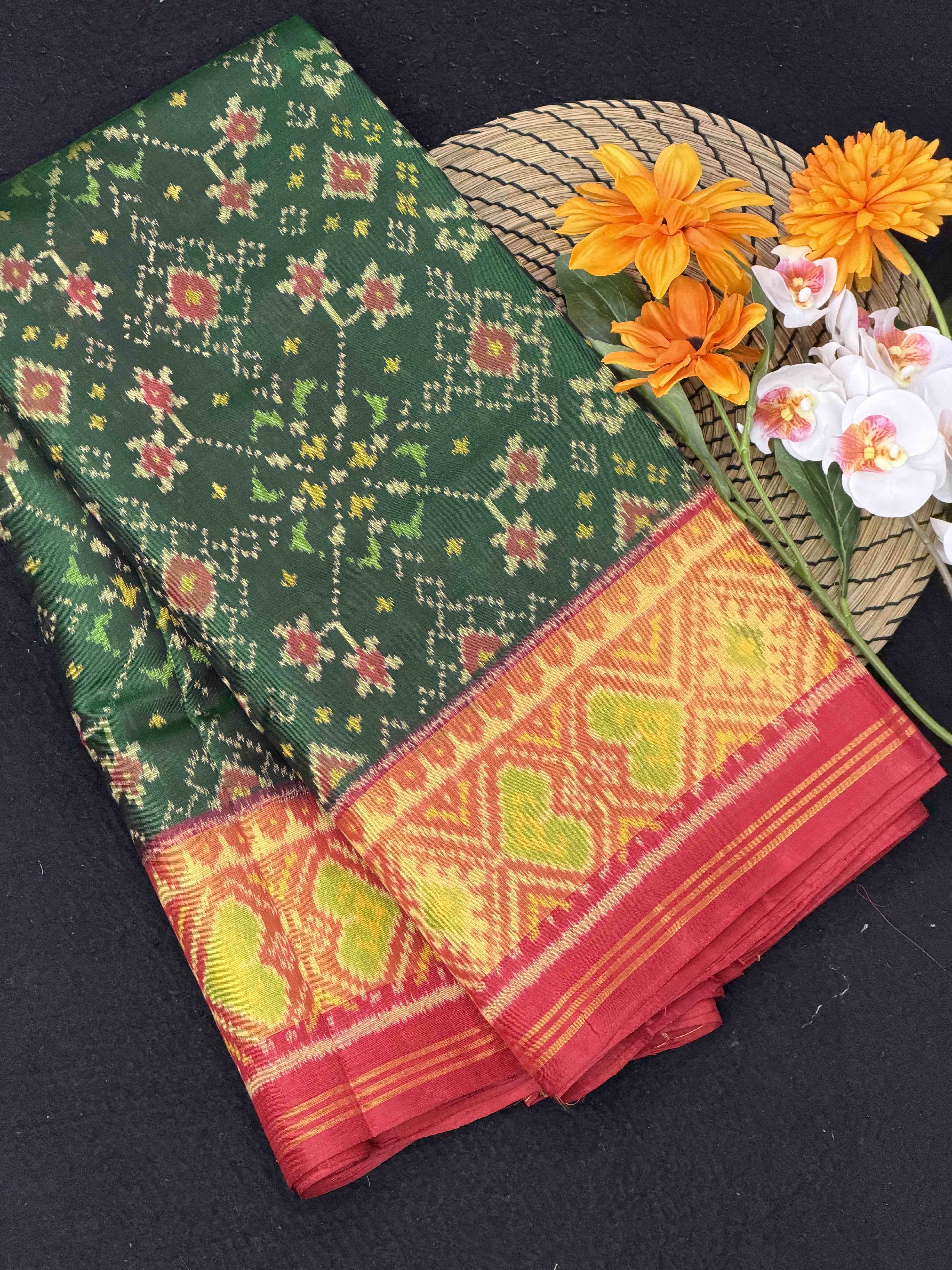 Maroon & Green Navaratan tissue Border Patola Saree