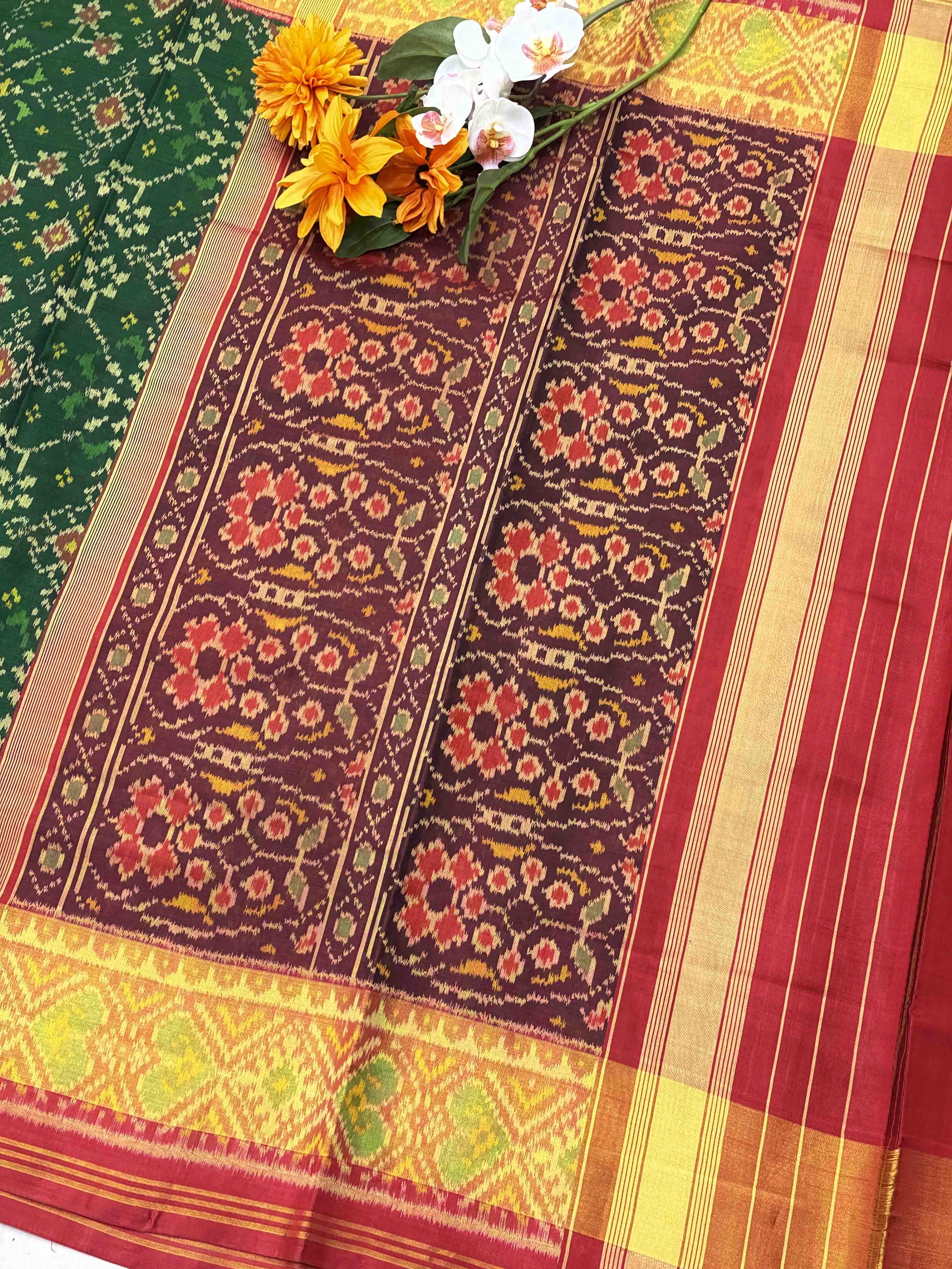 Maroon & Green Navaratan tissue Border Patola Saree