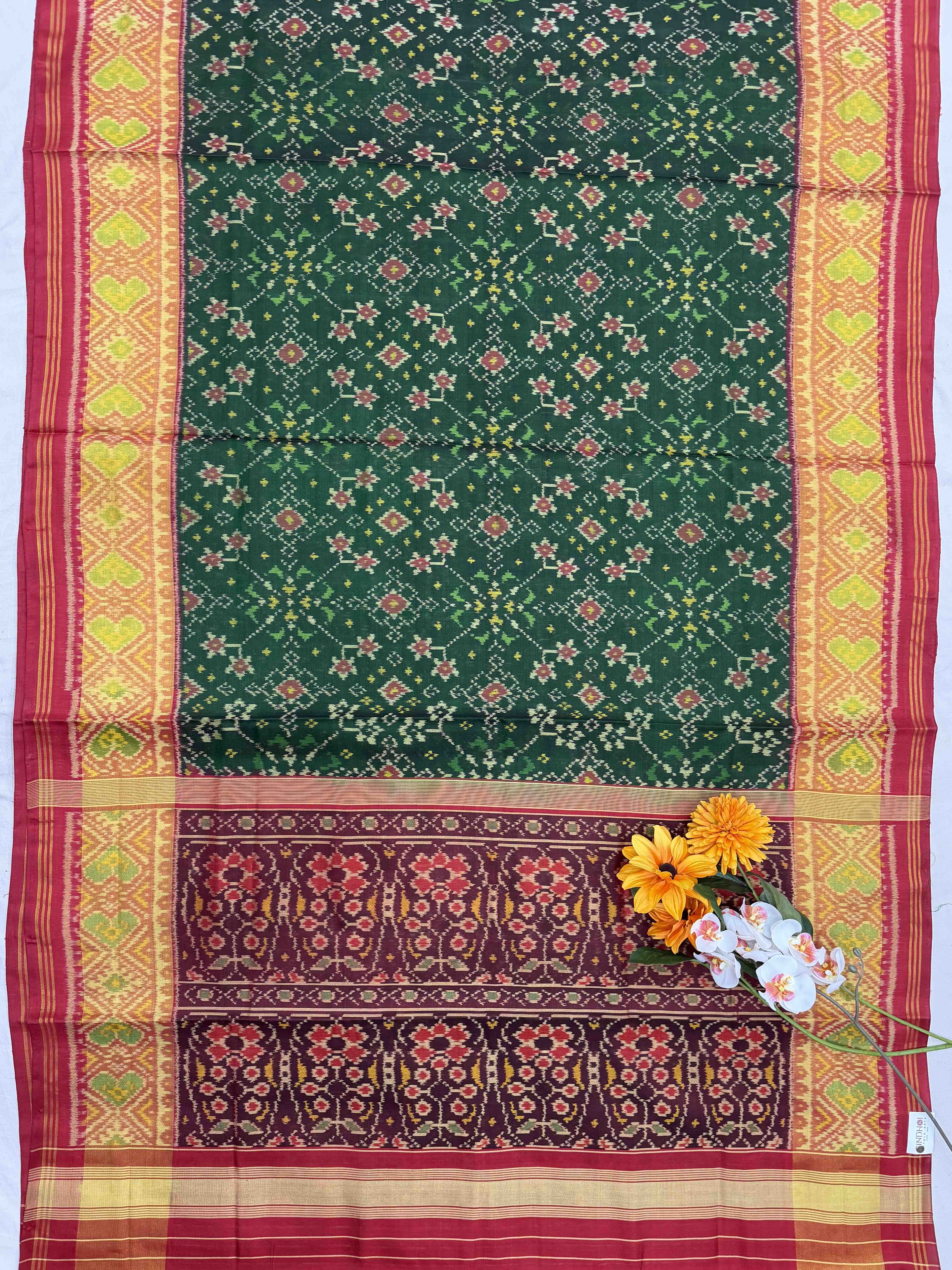 Maroon & Green Navaratan tissue Border Patola Saree