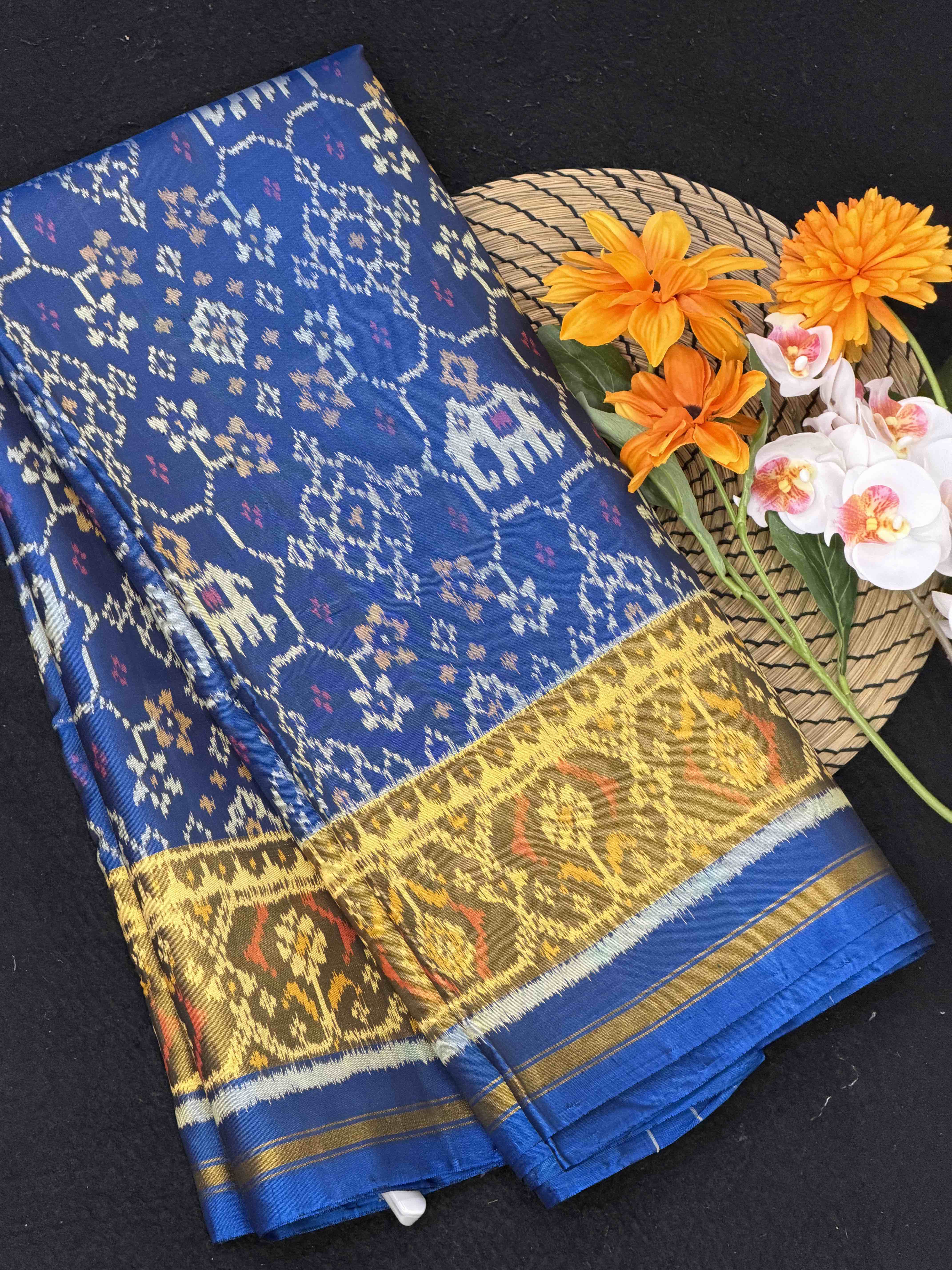Shaded blue narikunj Hathi Tissue border rajkot Patola
