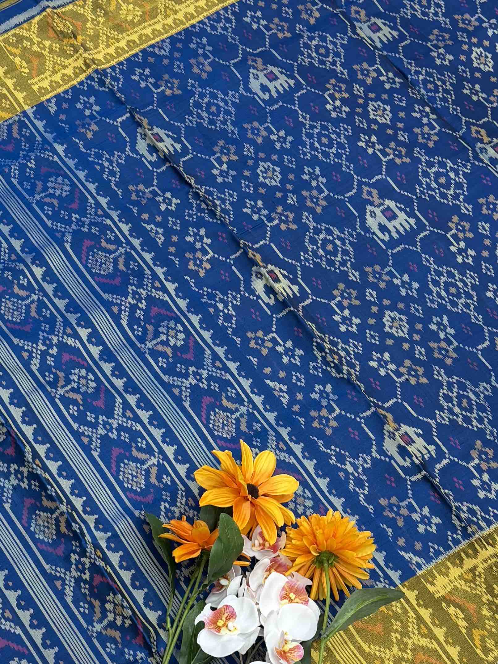 Shaded blue narikunj Hathi Tissue border rajkot Patola