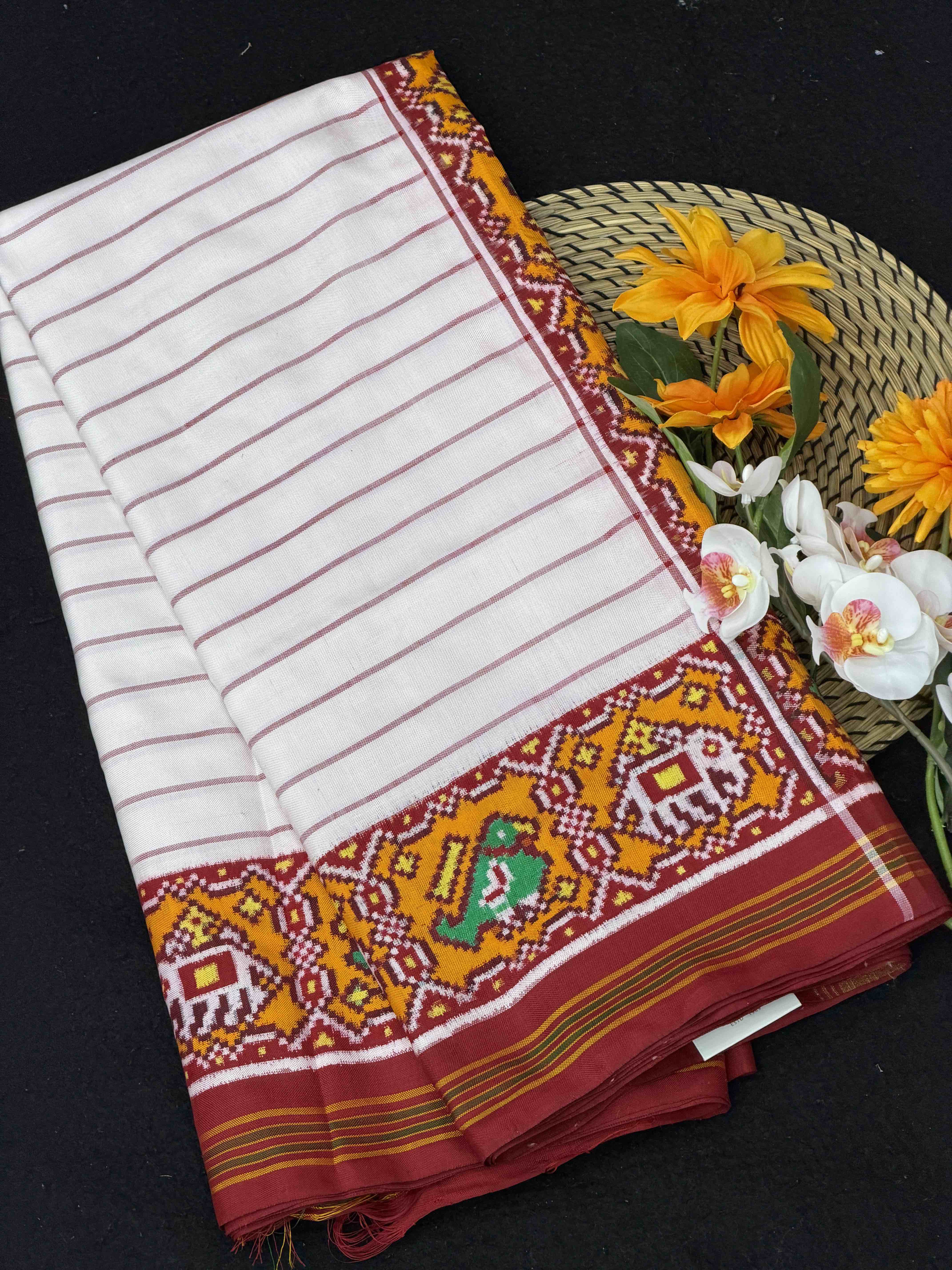 Red & white stripes design Double Ikat Patola Saree