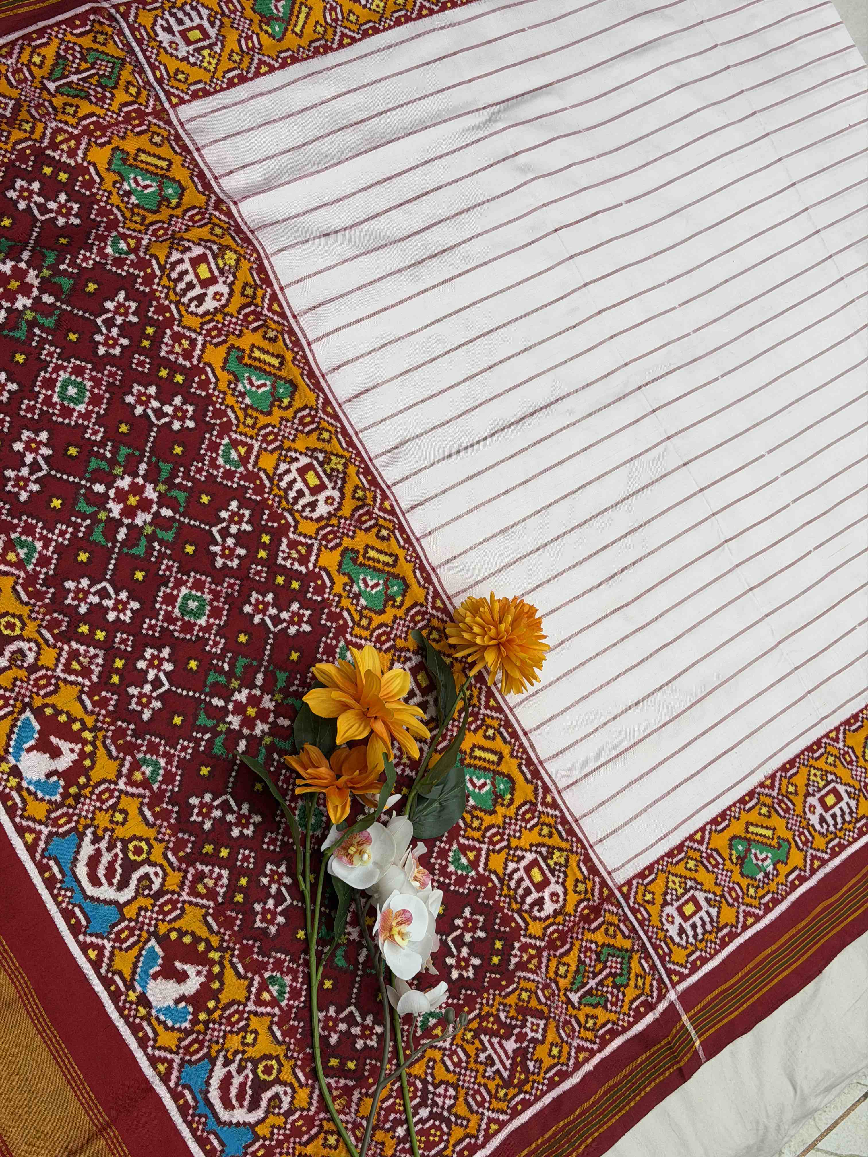 Red & white stripes design Double Ikat Patola Saree