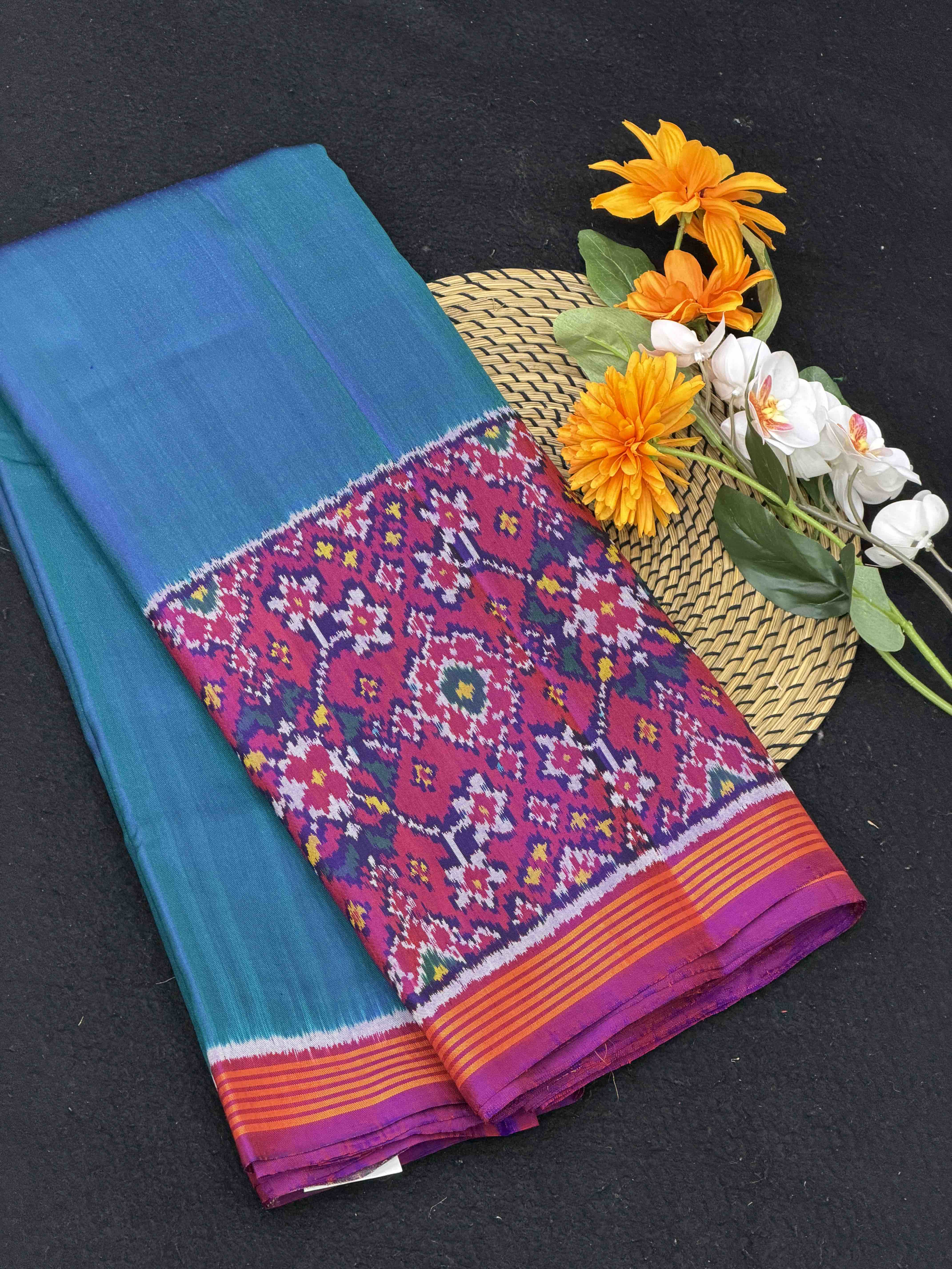 Peacock & Purple Navaratan Skirt border Single Ikat Patola Saree