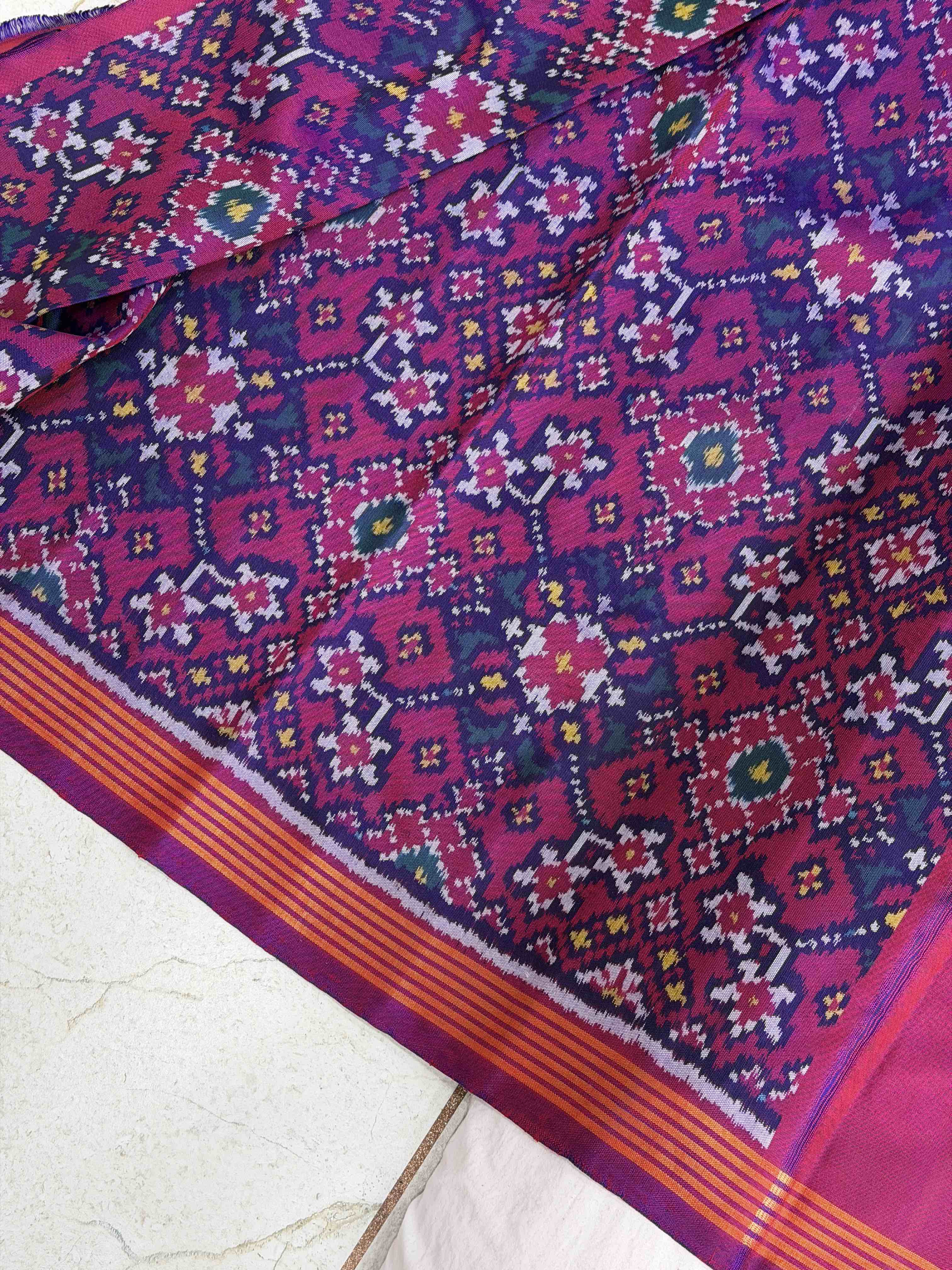 Peacock & Purple Navaratan Skirt border Single Ikat Patola Saree