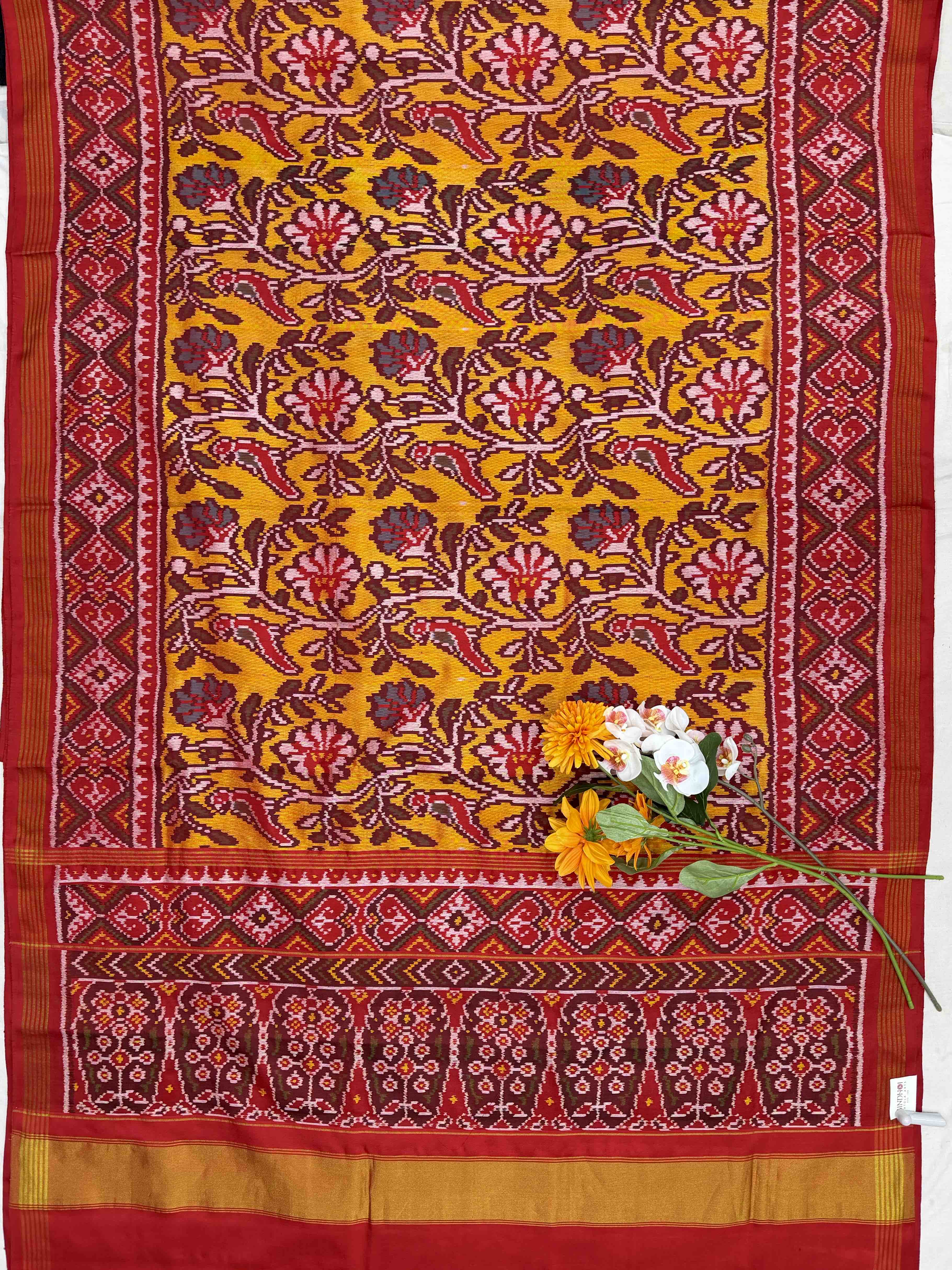 Red & musterd Creeper design with parrot figure single ikat Patola