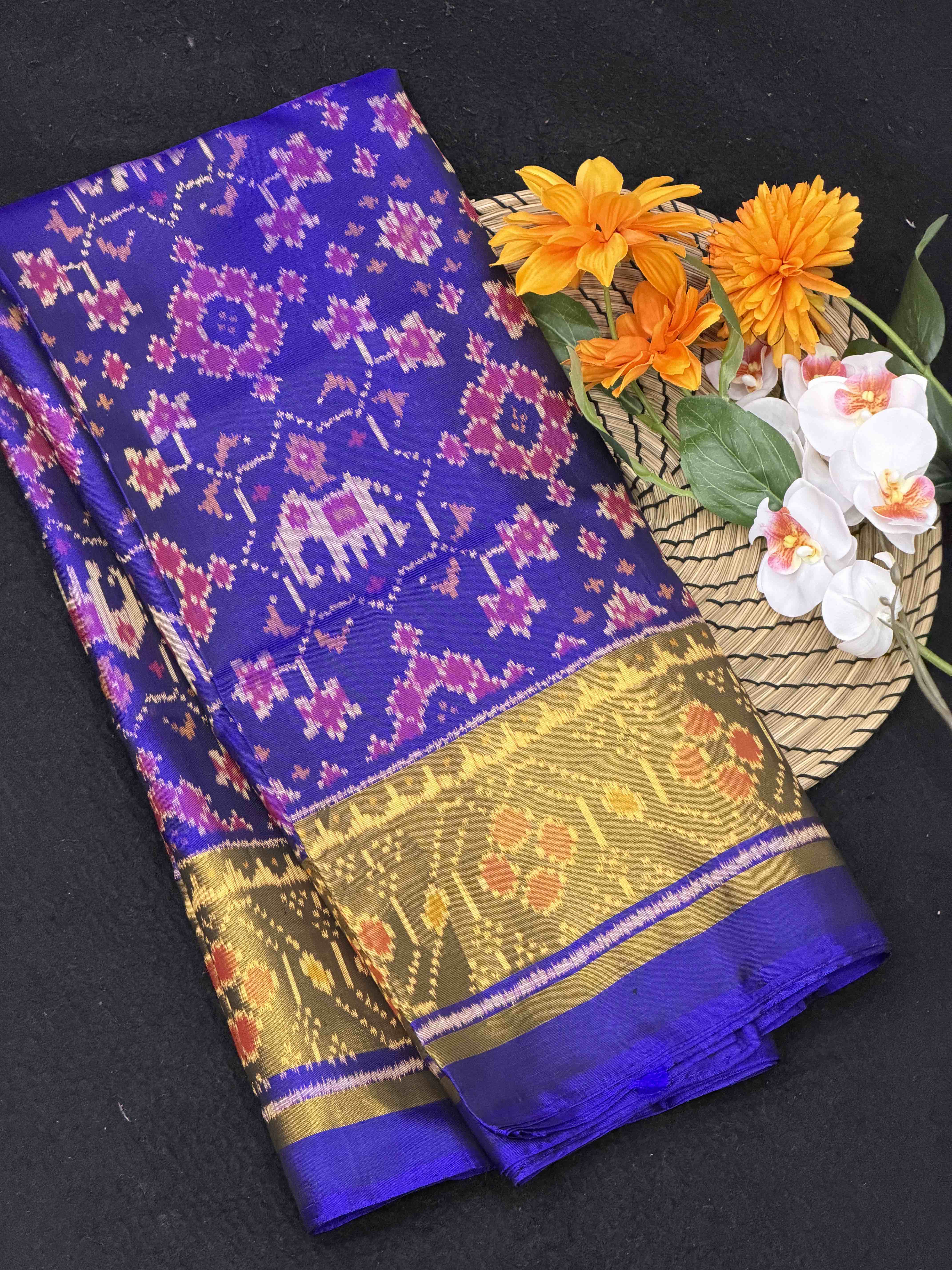 Blue Navaratan Narikunj Mix Tissue Border Patola Saree