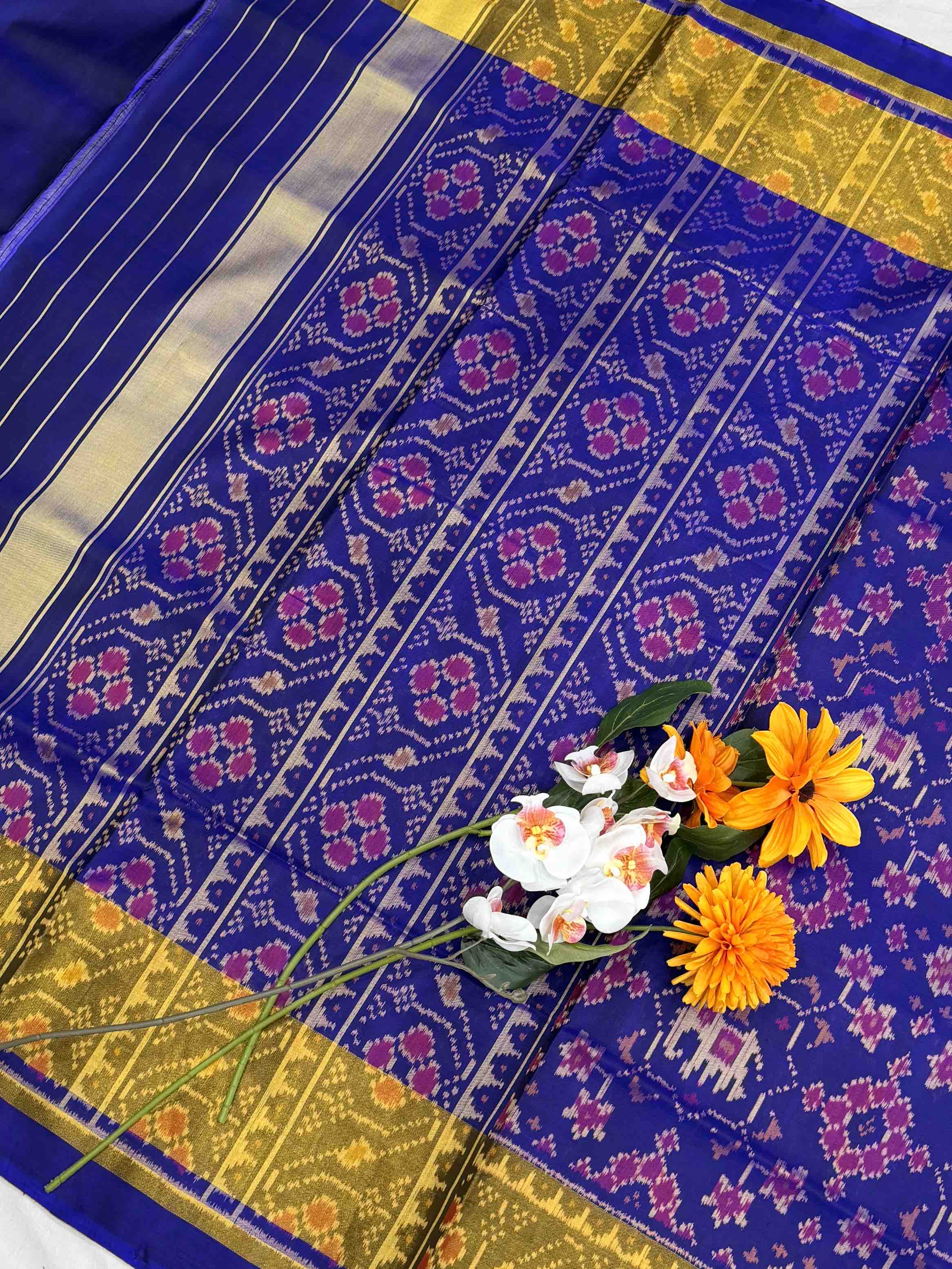 Blue Navaratan Narikunj Mix Tissue Border Patola Saree