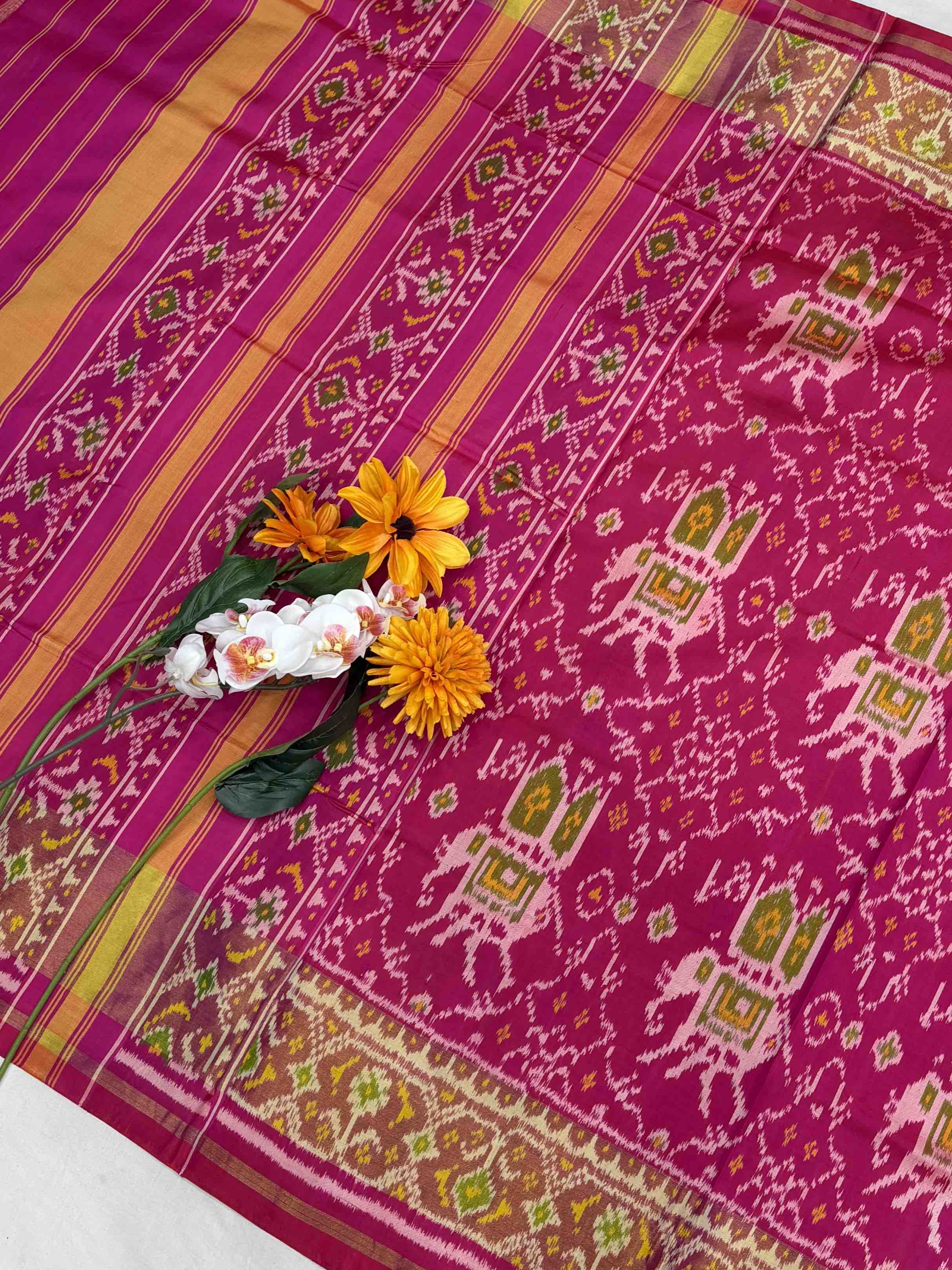 Glossy pink chhabdi Hathi rajkoti Patola Saree