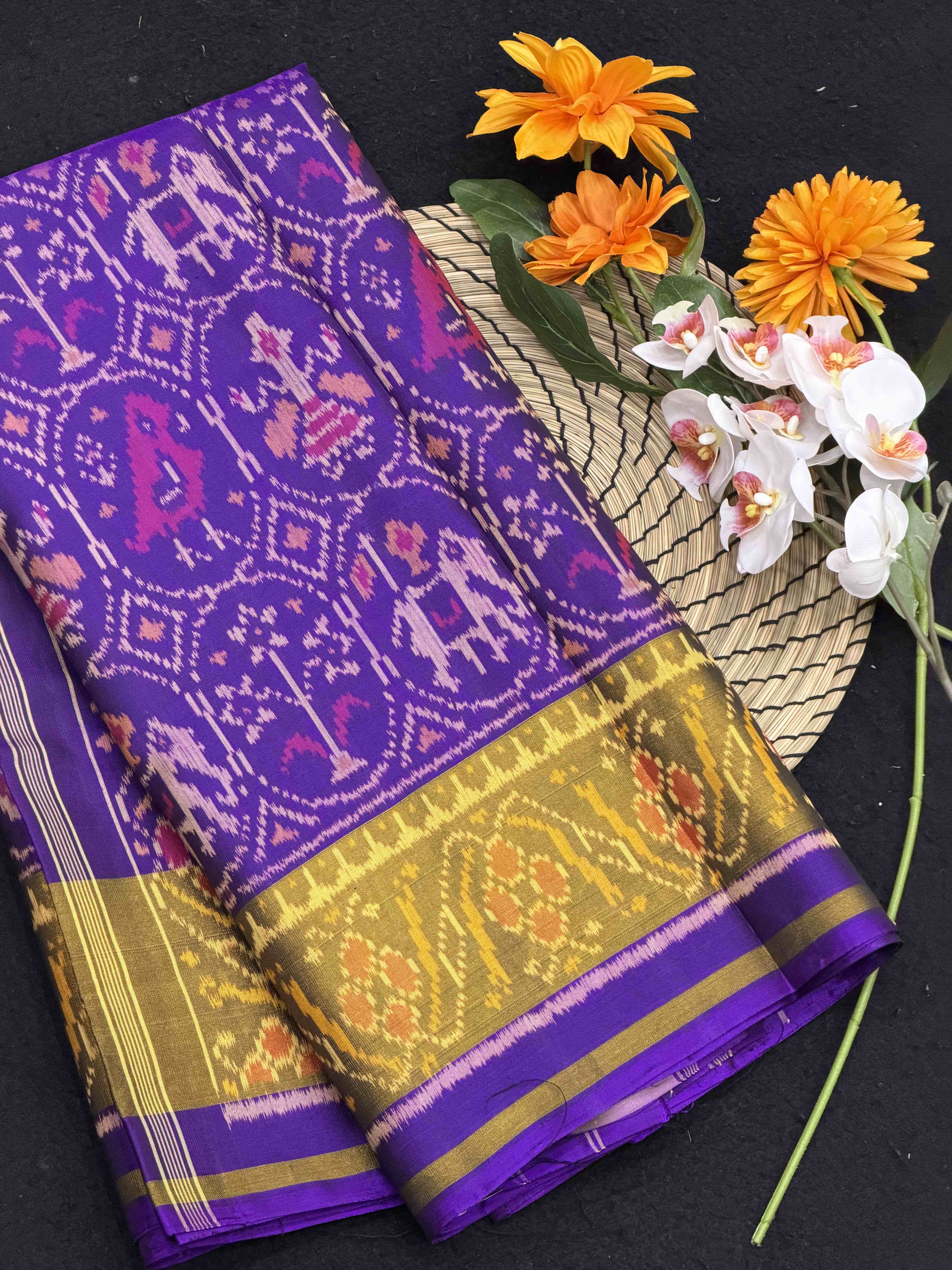 Purple narikunj patola saree in tissue border