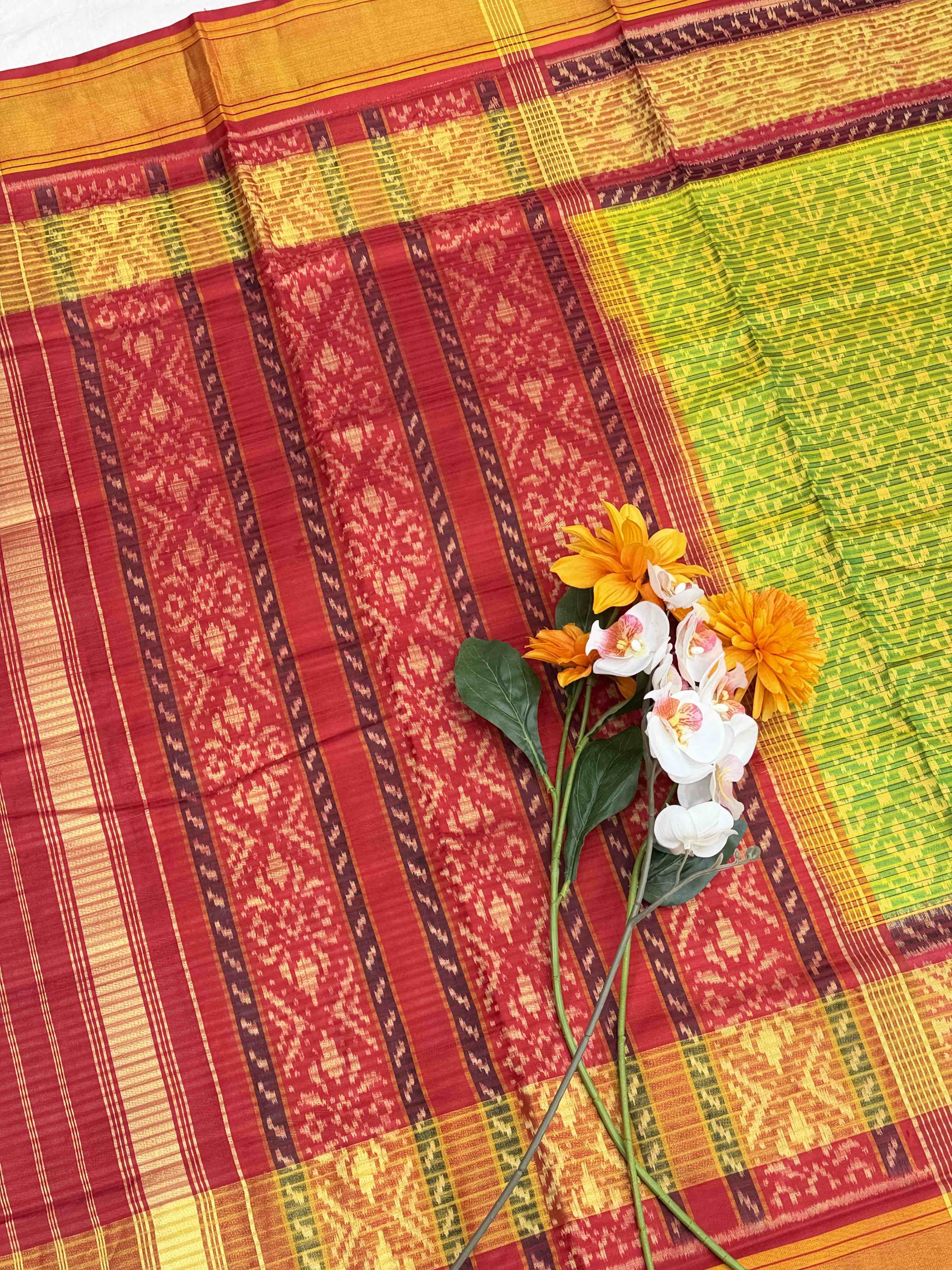 Red & parrot green Doriya Weave Rajkot Patola Saree