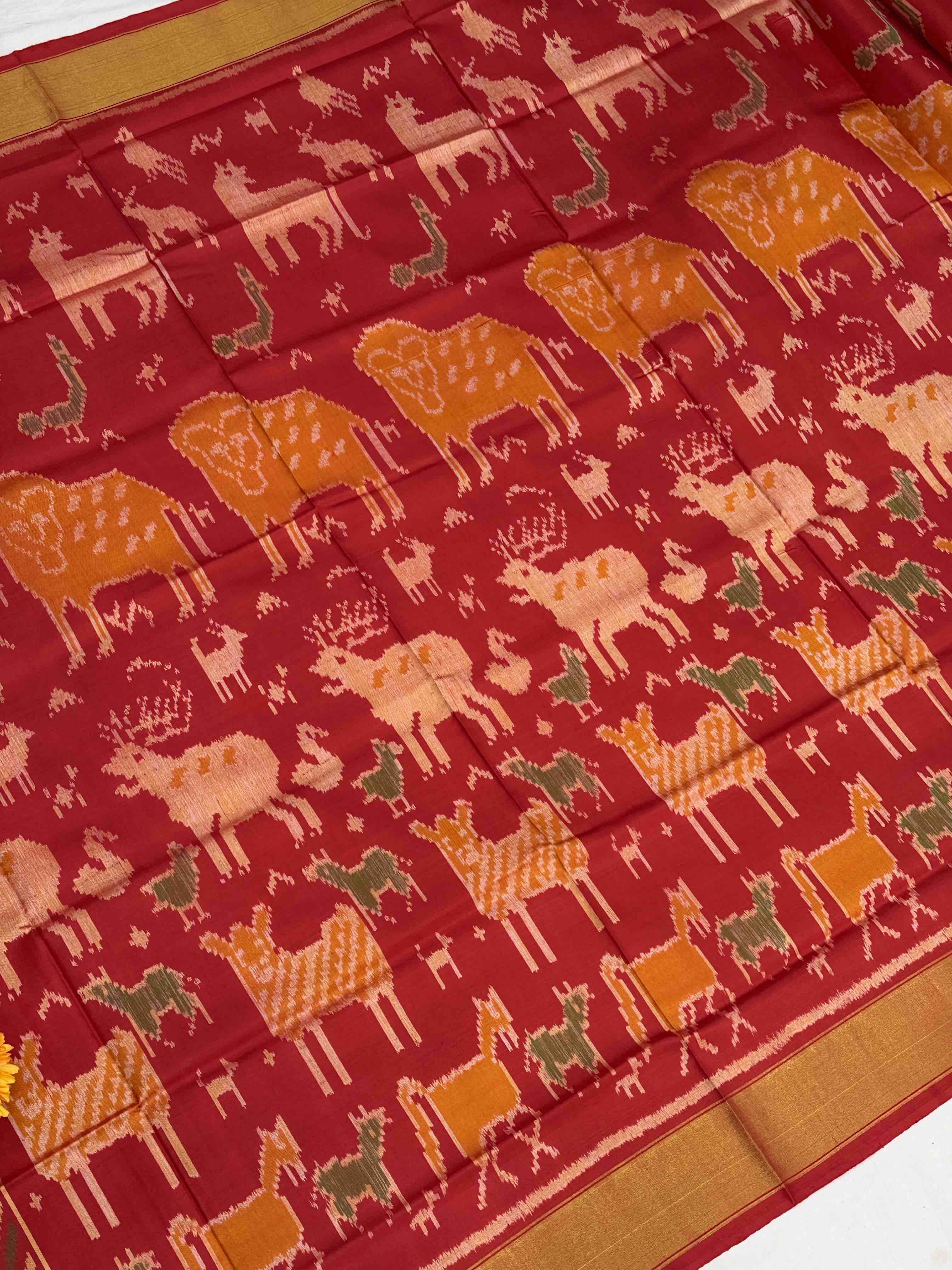 Red beautiful animal motif deisgn Rajkot Patola Saree