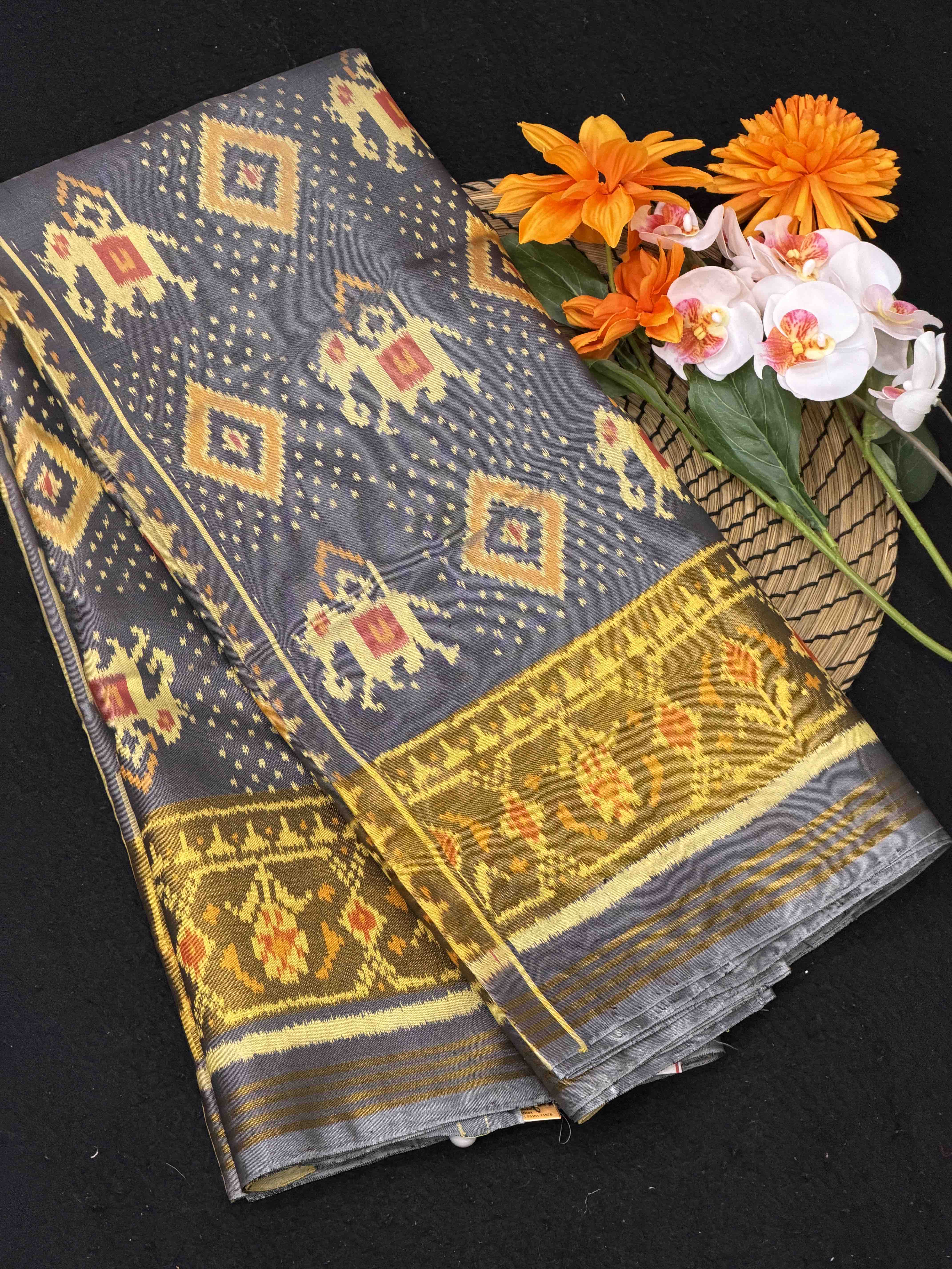 Grey Hathi Bandhani Rajkot Patola Saree