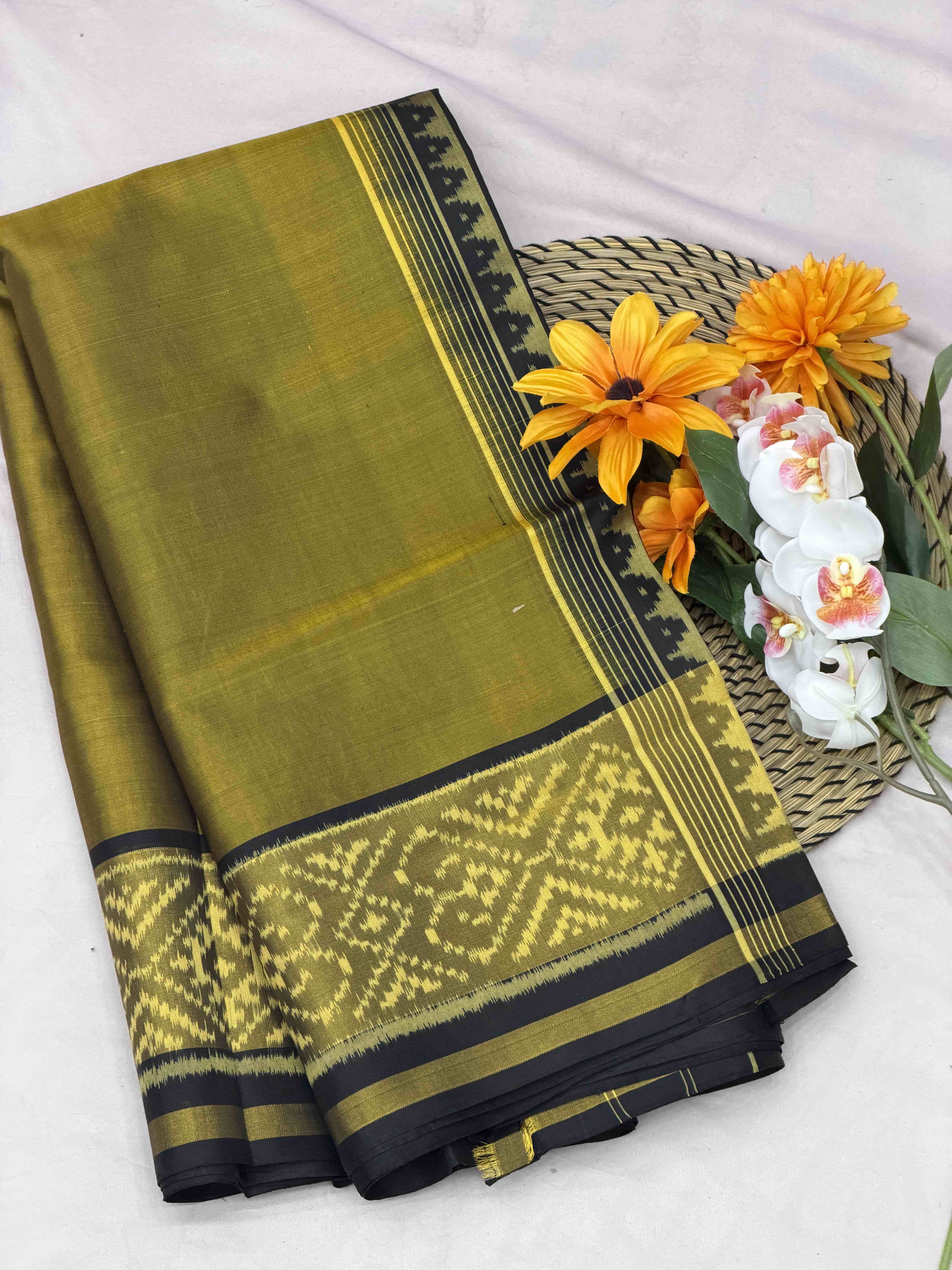 Black & Olive musterd plain Patola Saree