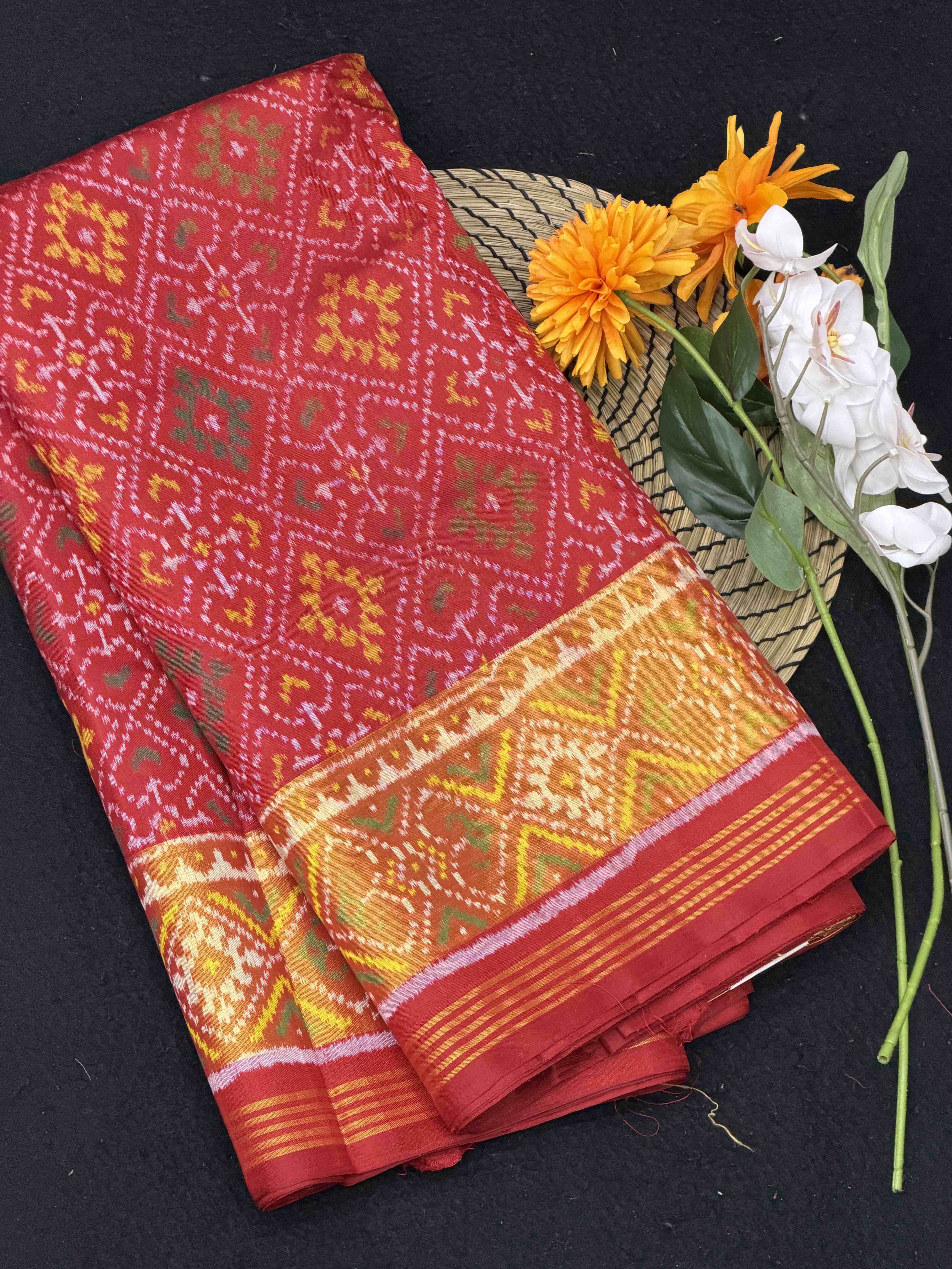 Red panchanda tissue border Patola Saree