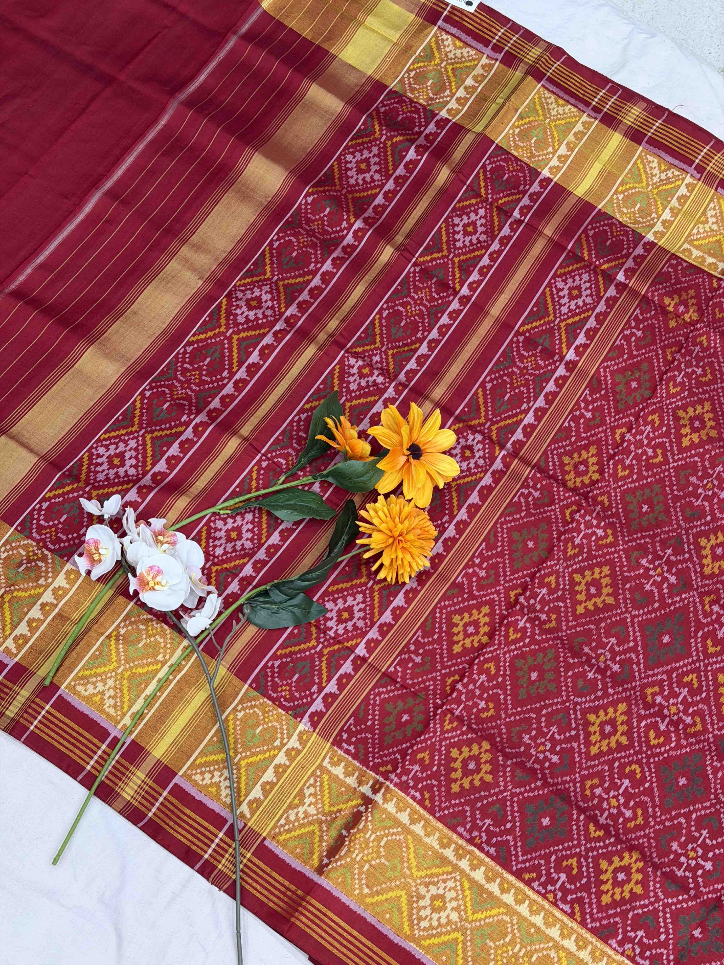 Red panchanda tissue border Patola Saree