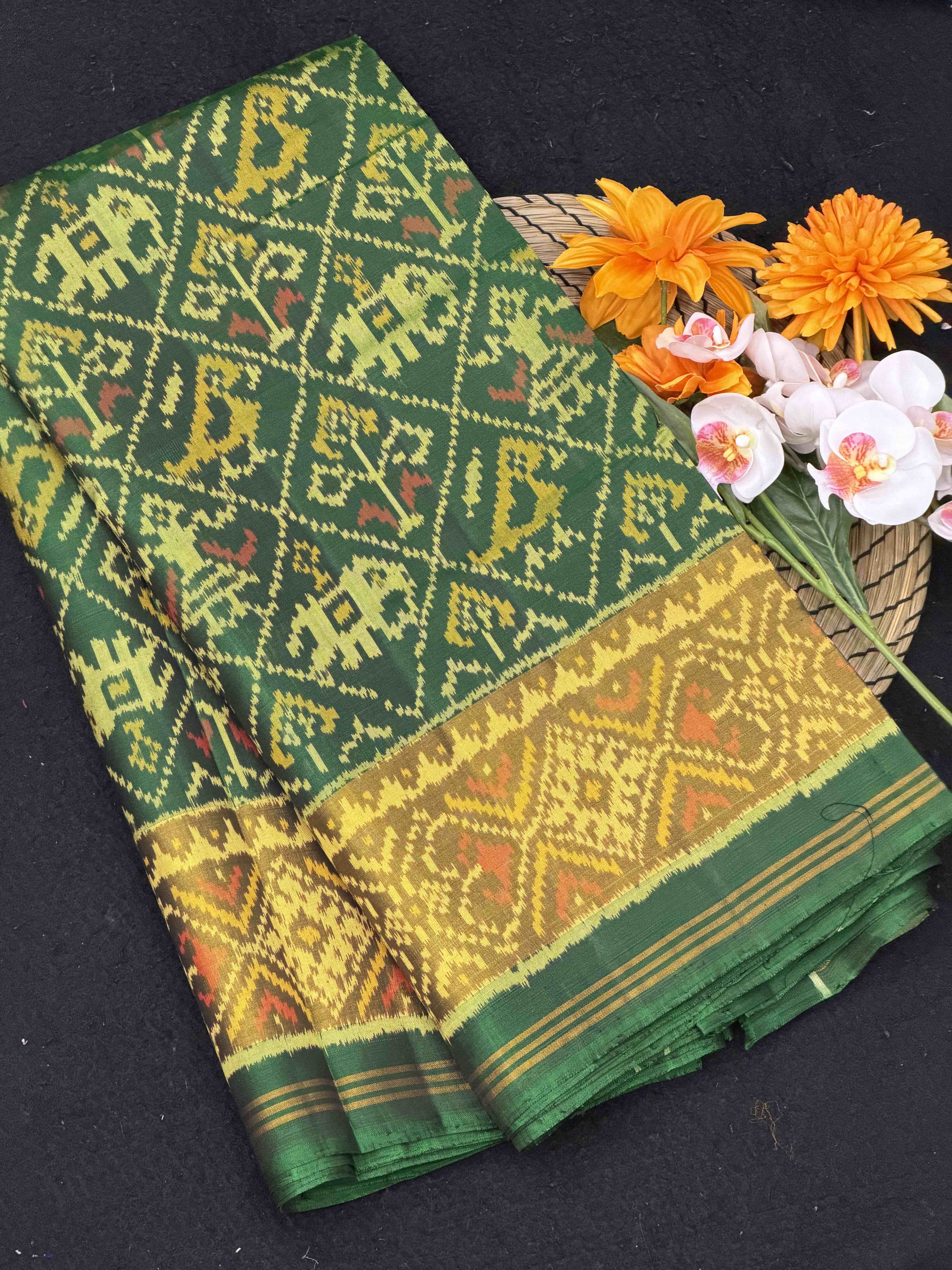 Elegant Green Rajkot Patola Saree with Gold Tissue Border - Pure Silk Ikat