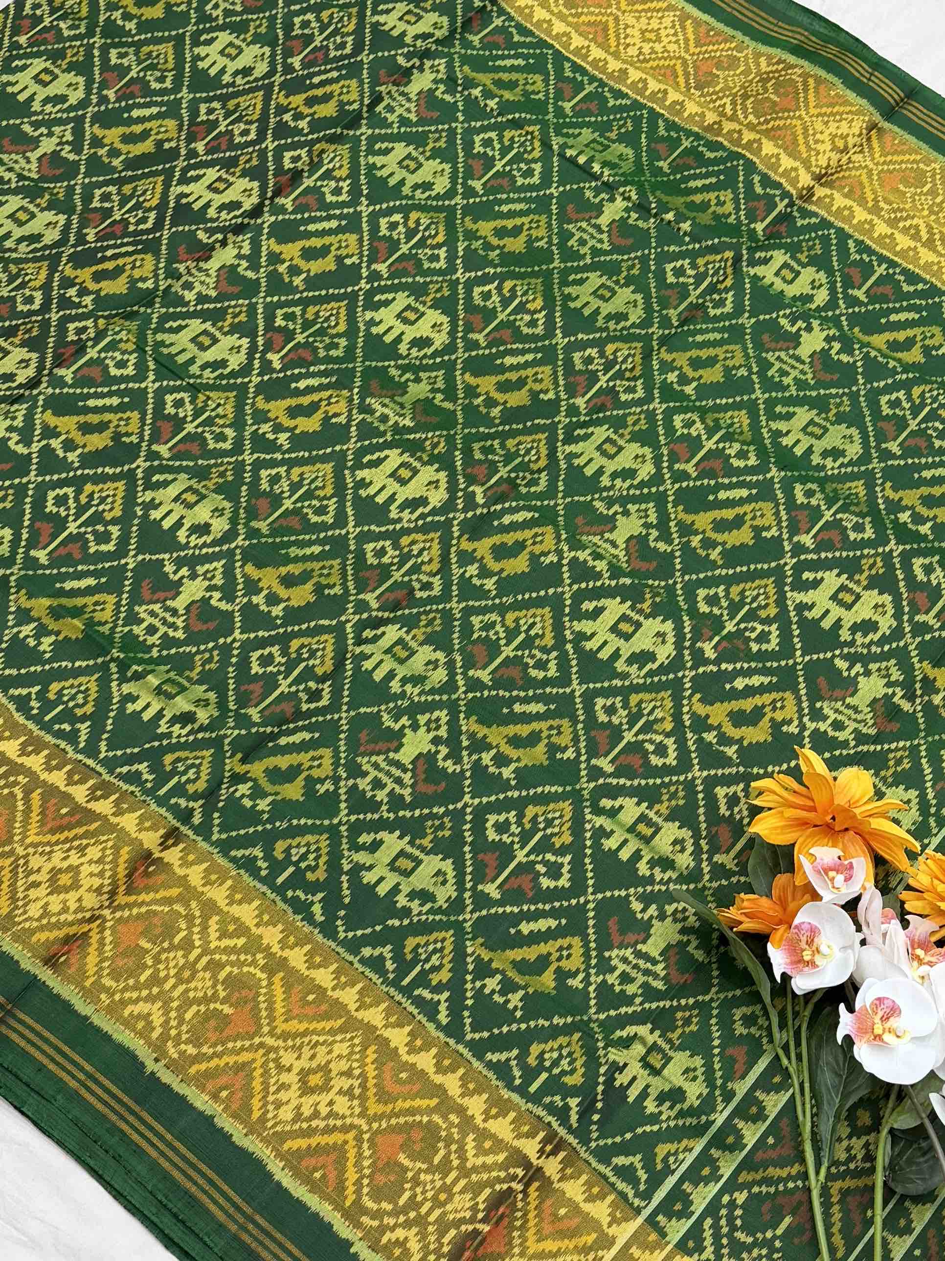 Elegant Green Rajkot Patola Saree with Gold Tissue Border - Pure Silk Ikat