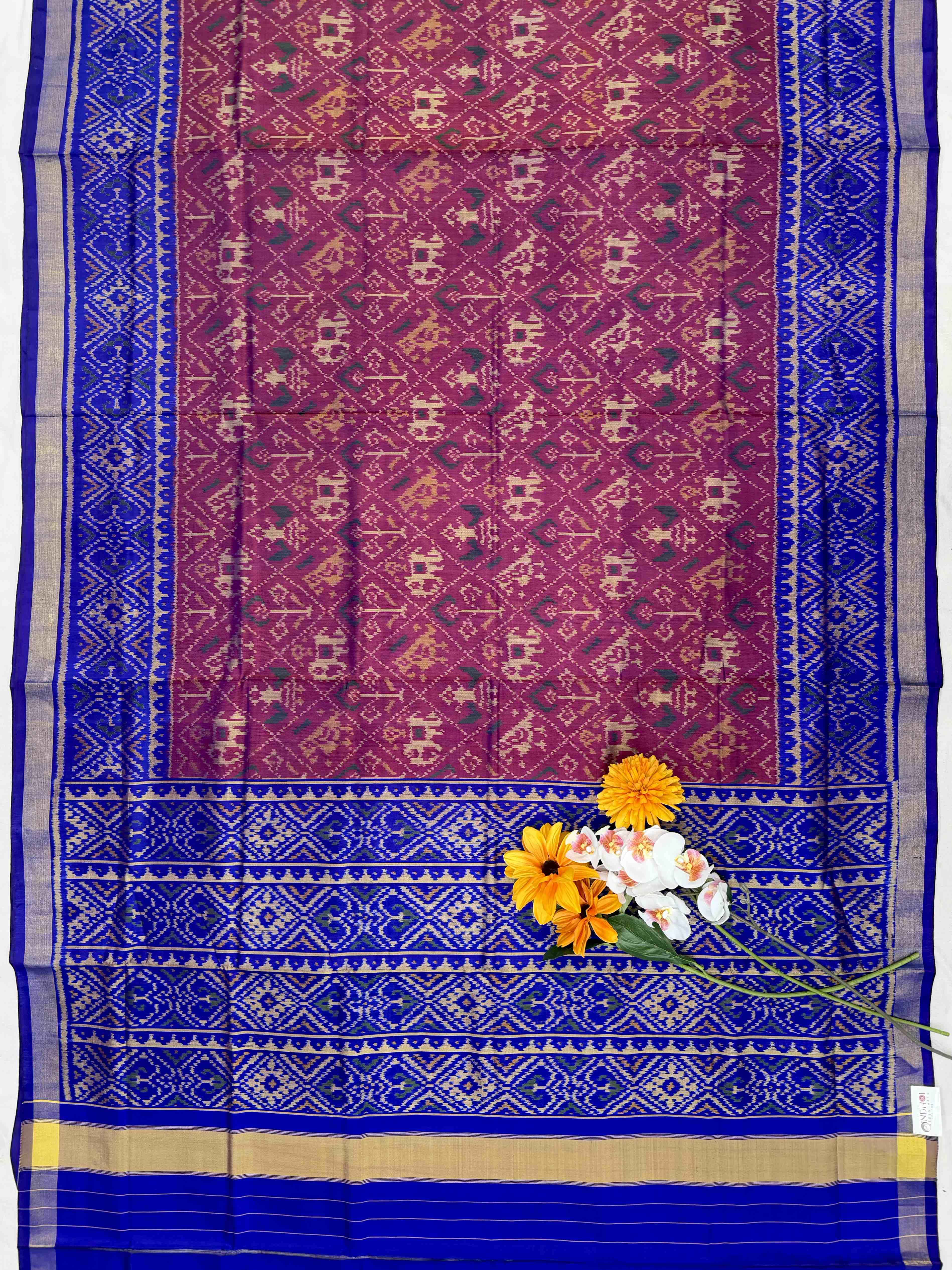 Traditional Wine & Blue Rajkot Patola Saree - Handloom Silk Ethnic Wear