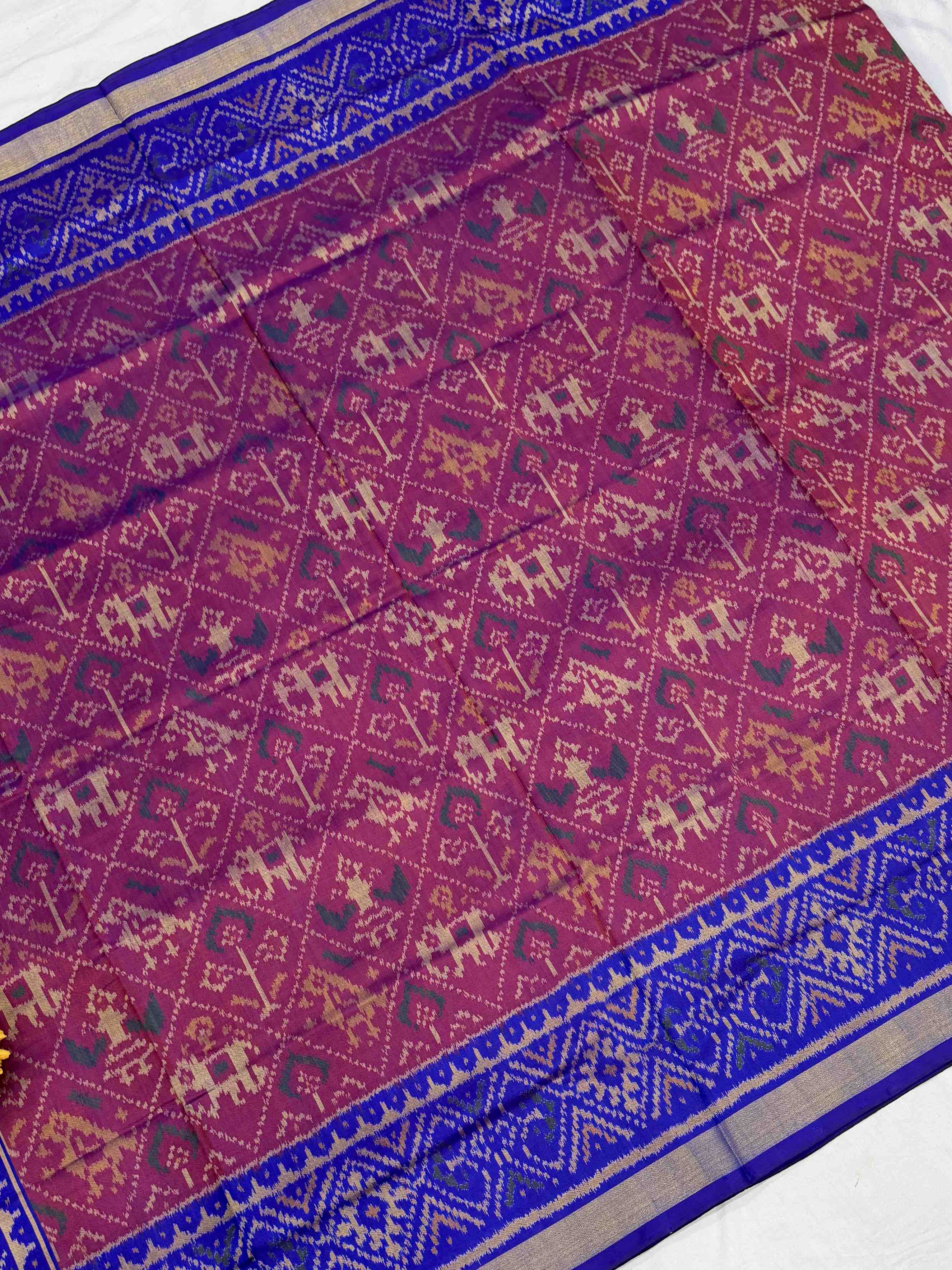 Traditional Wine & Blue Rajkot Patola Saree - Handloom Silk Ethnic Wear