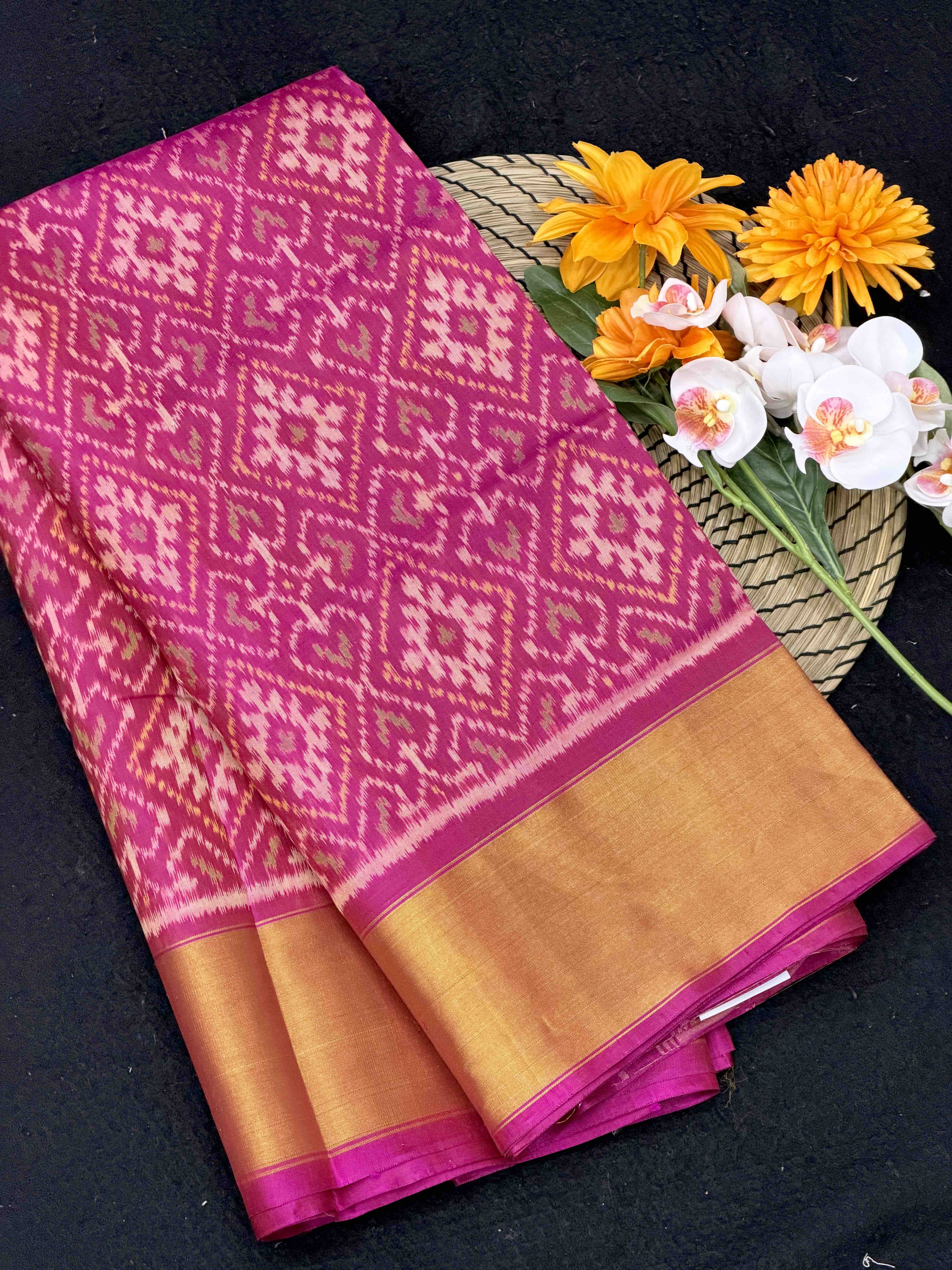 Traditional Wine Pink Rajkot Patola Saree - Handwoven Single Ikat